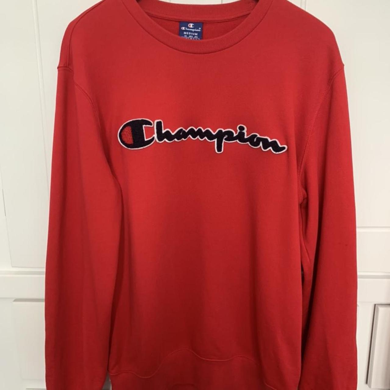 Unisex red Champion jumper. Size: Medium. Perfect... - Depop