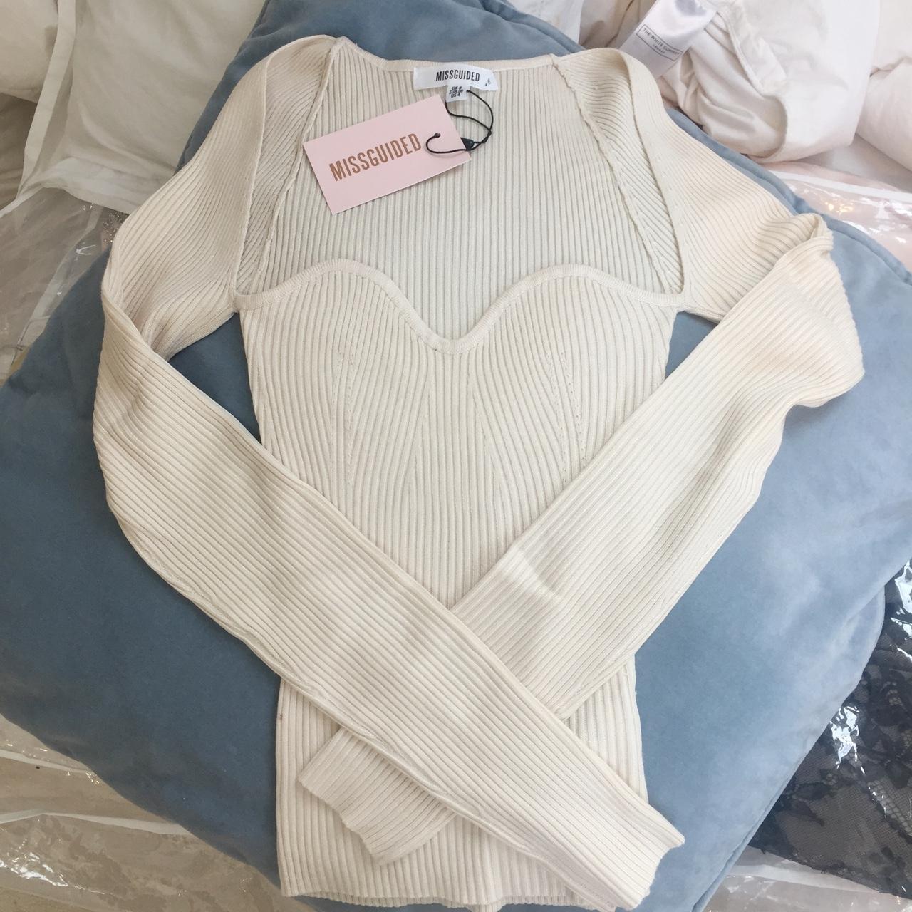 BNWT cream skinny ribbed sweetheart long sleeve top... Depop