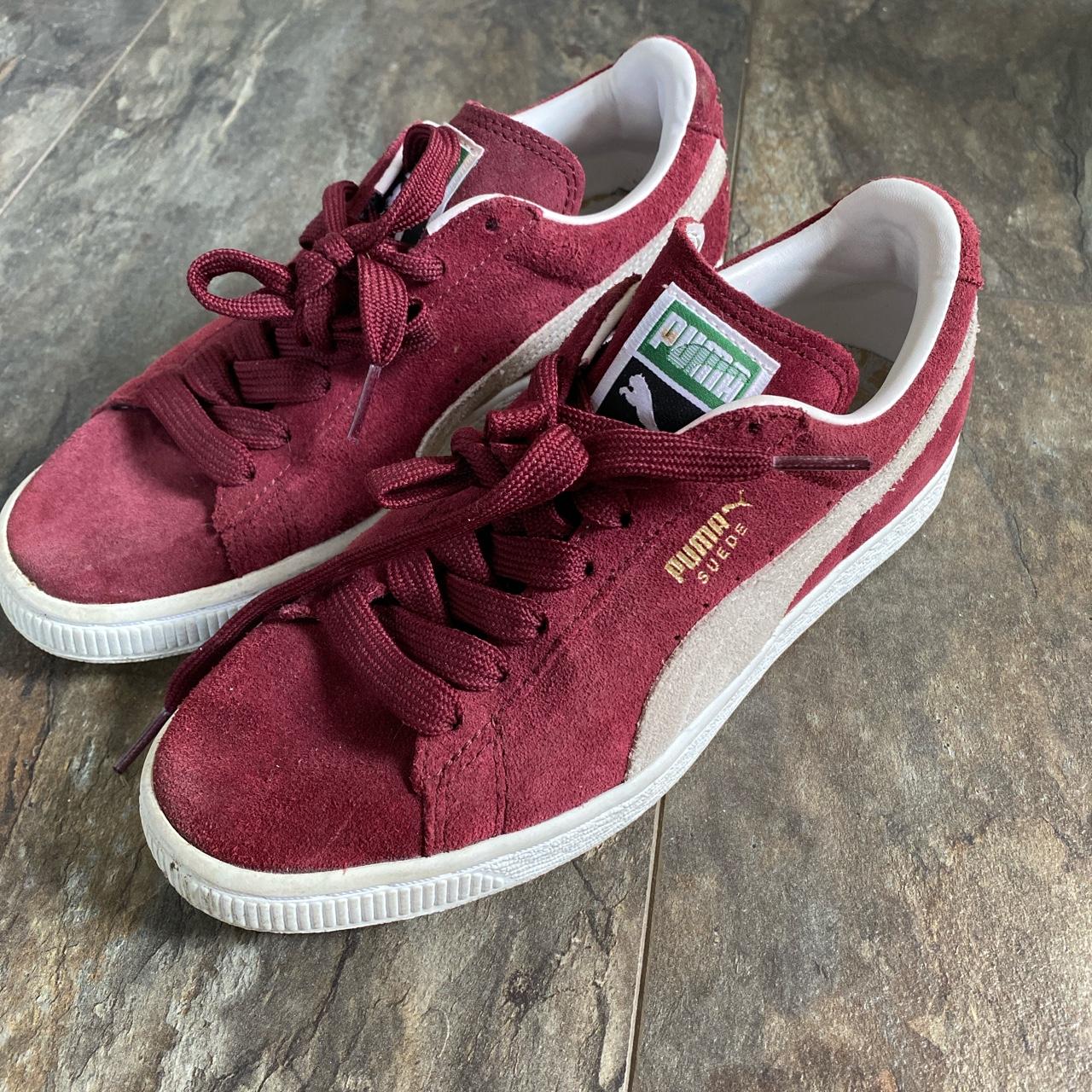 Puma suedes burgundy size 4, good condition worn a... | Depop