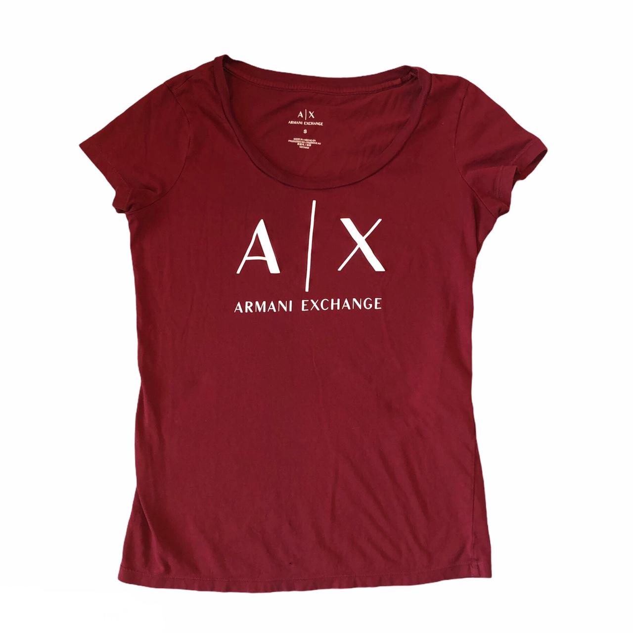 Armani Exchange Women's Burgundy and White T-shirt | Depop