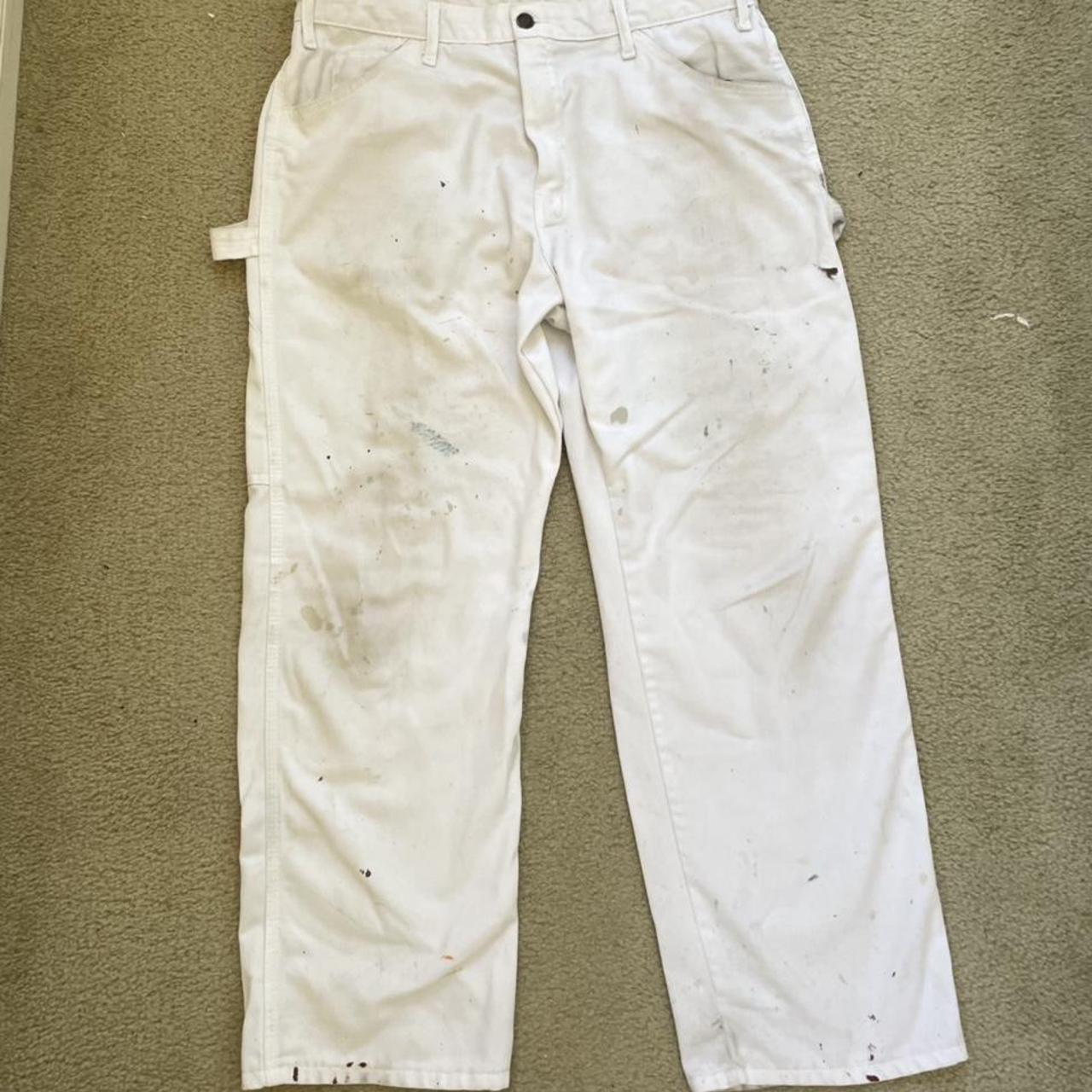 vintage dickies white carpenter pants paint splatter... - Depop