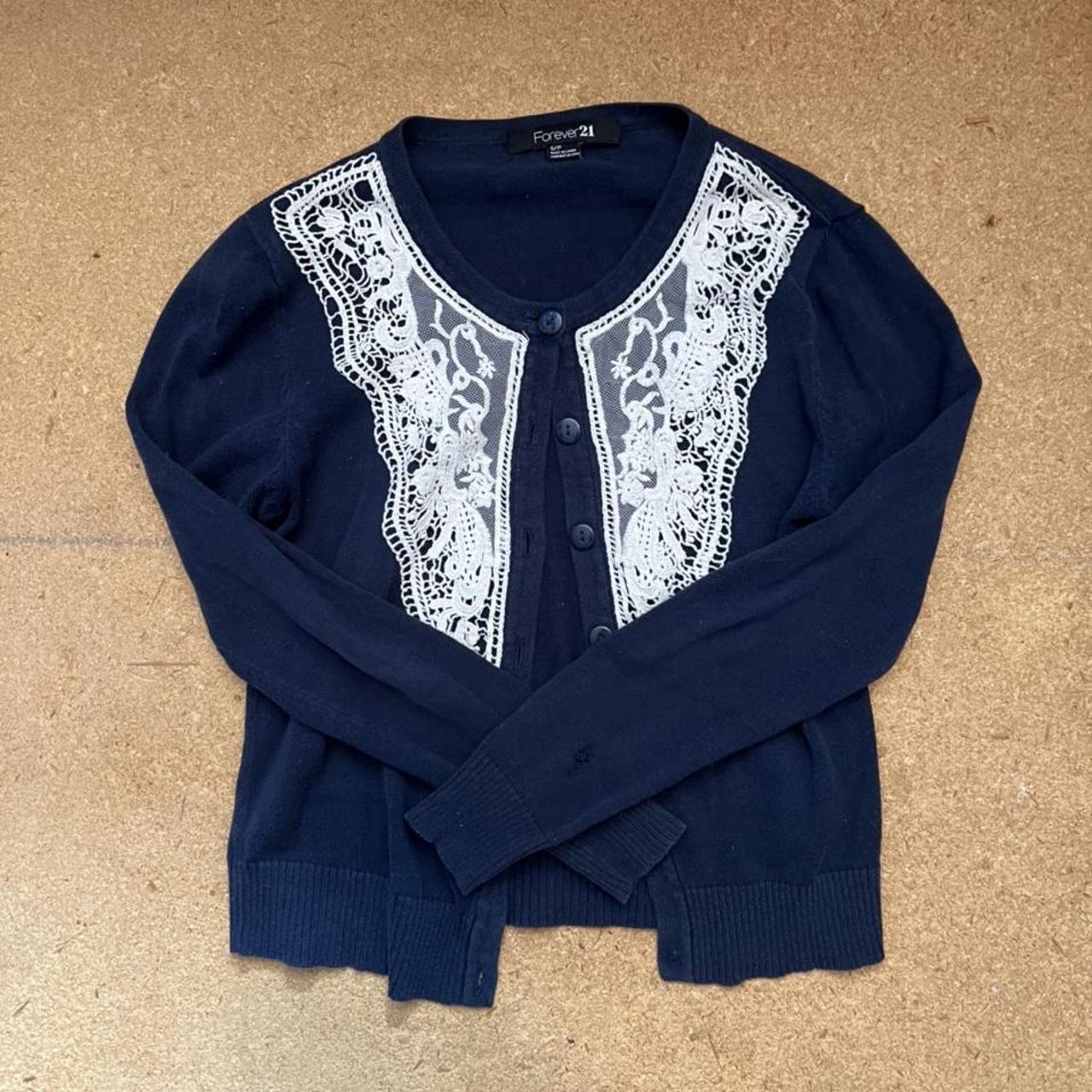 forever 21 blue lace sweater / cardigan size small... - Depop