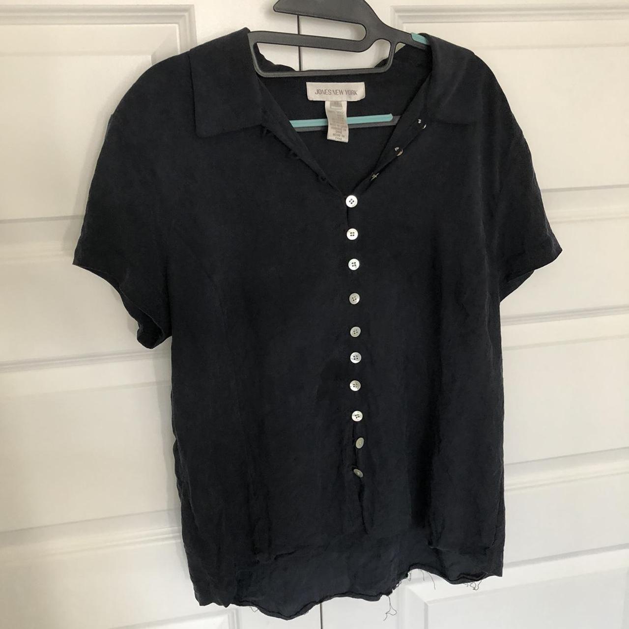 NAVY BLUE BUTTON DOWN SILK BLOUSE •dark Navy Blue... - Depop