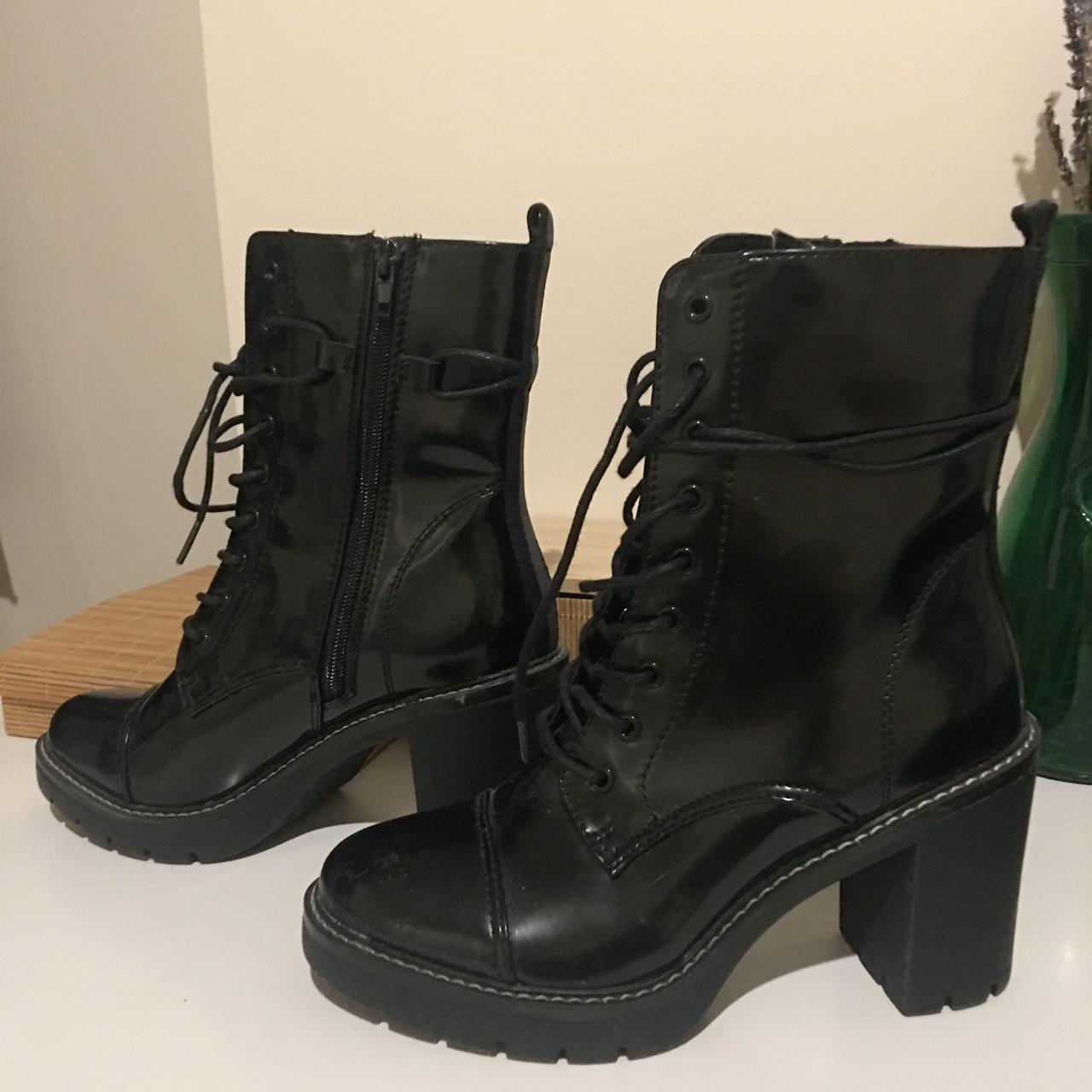 Black shiny heeled combat boots. No brand, vegan... - Depop