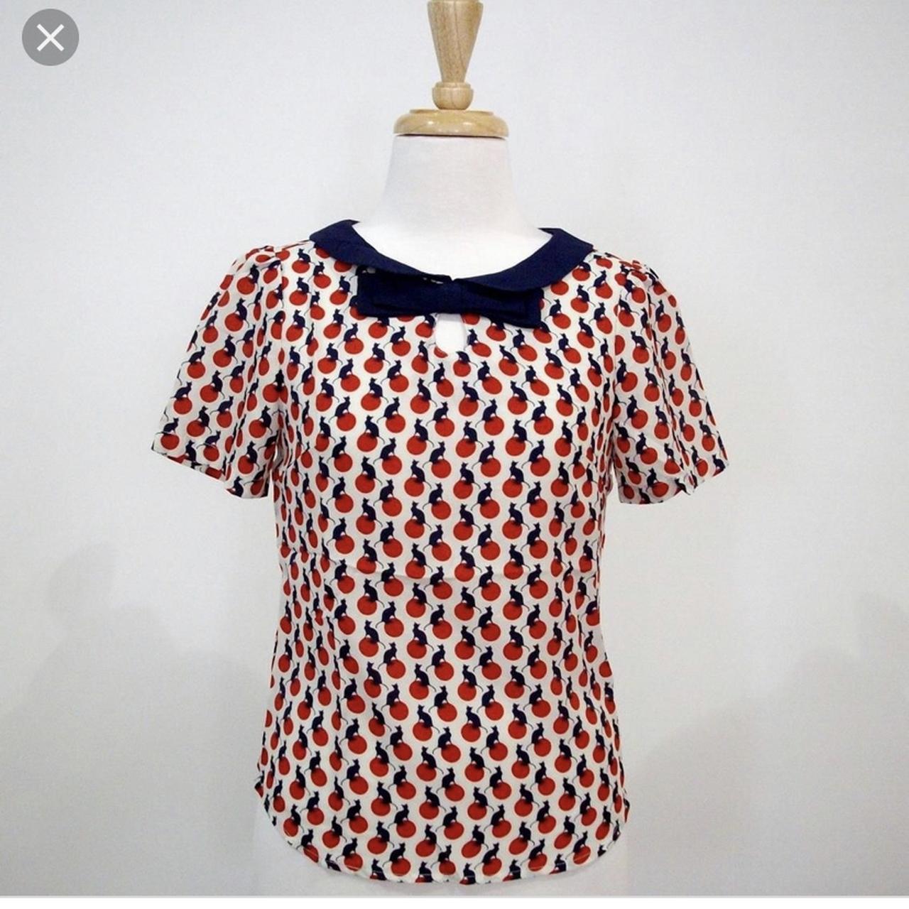 Dear creatures cat print top in navy and red. Has... - Depop