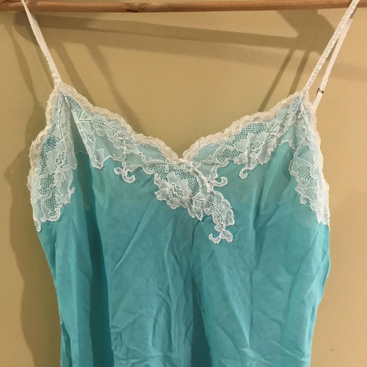 Blue and white lace lingerie slip dress by by... - Depop