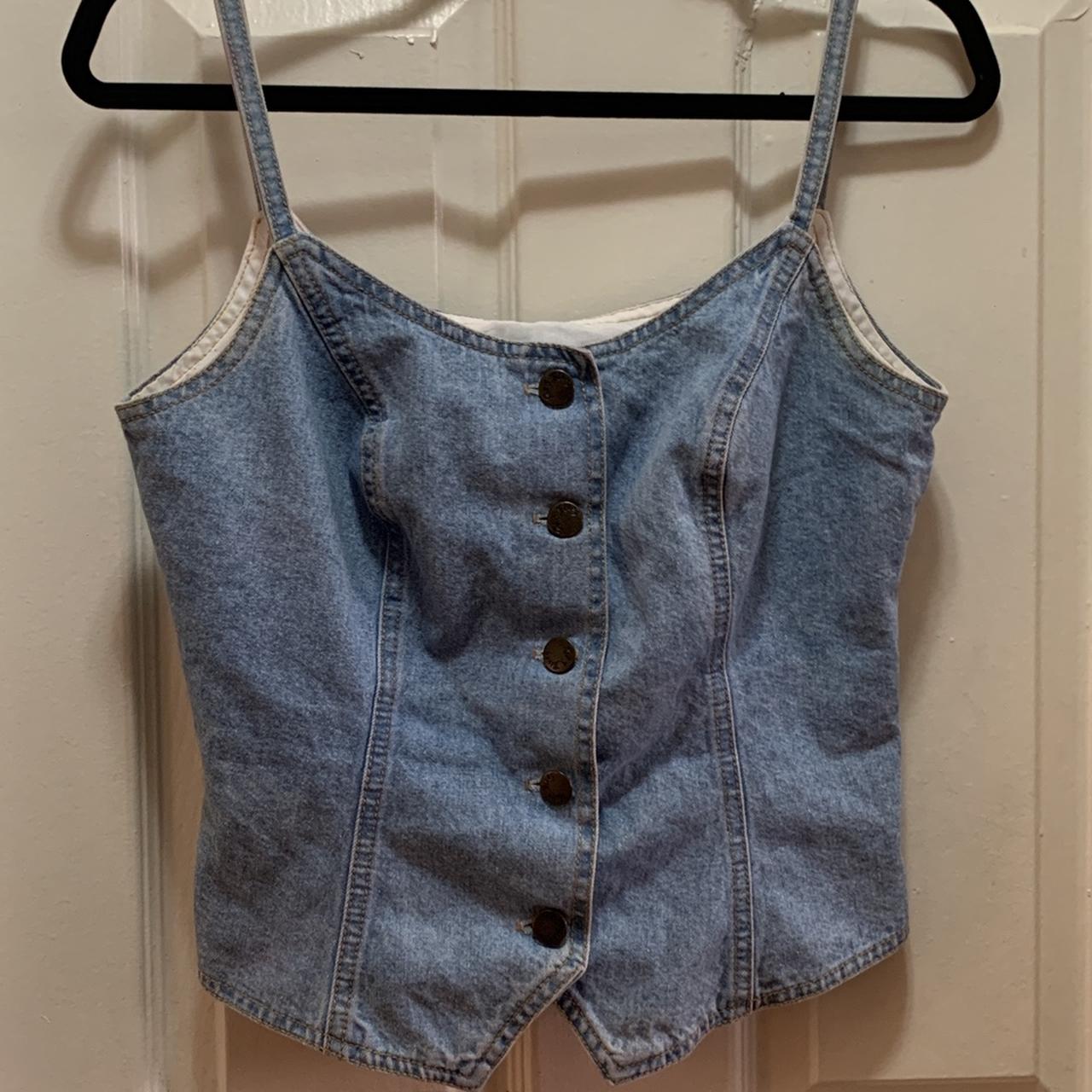 Vintage 90s Paris Blues Denim Tank Button Down Crop... - Depop