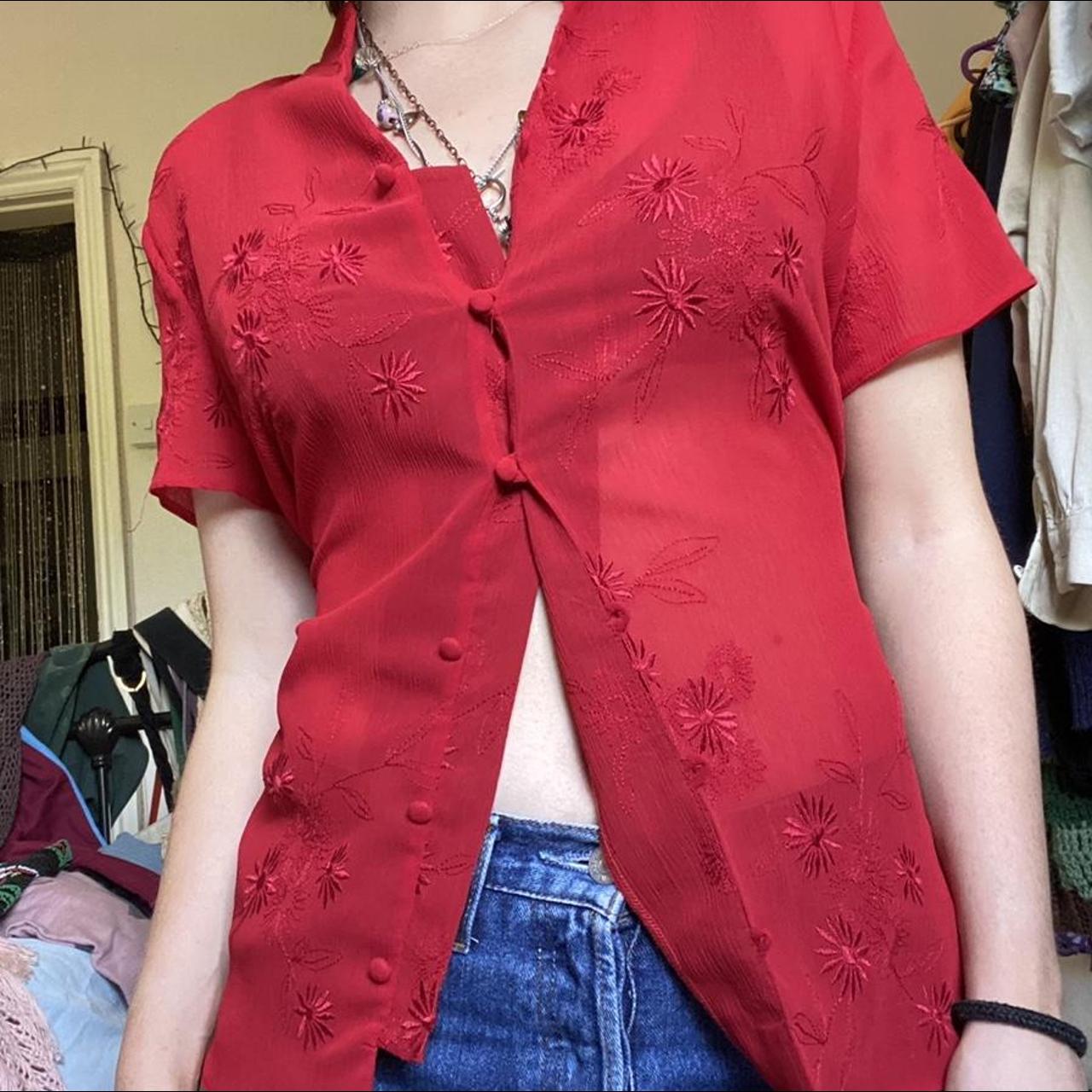 sheer red embroidered blouse with tie waist - can be... - Depop