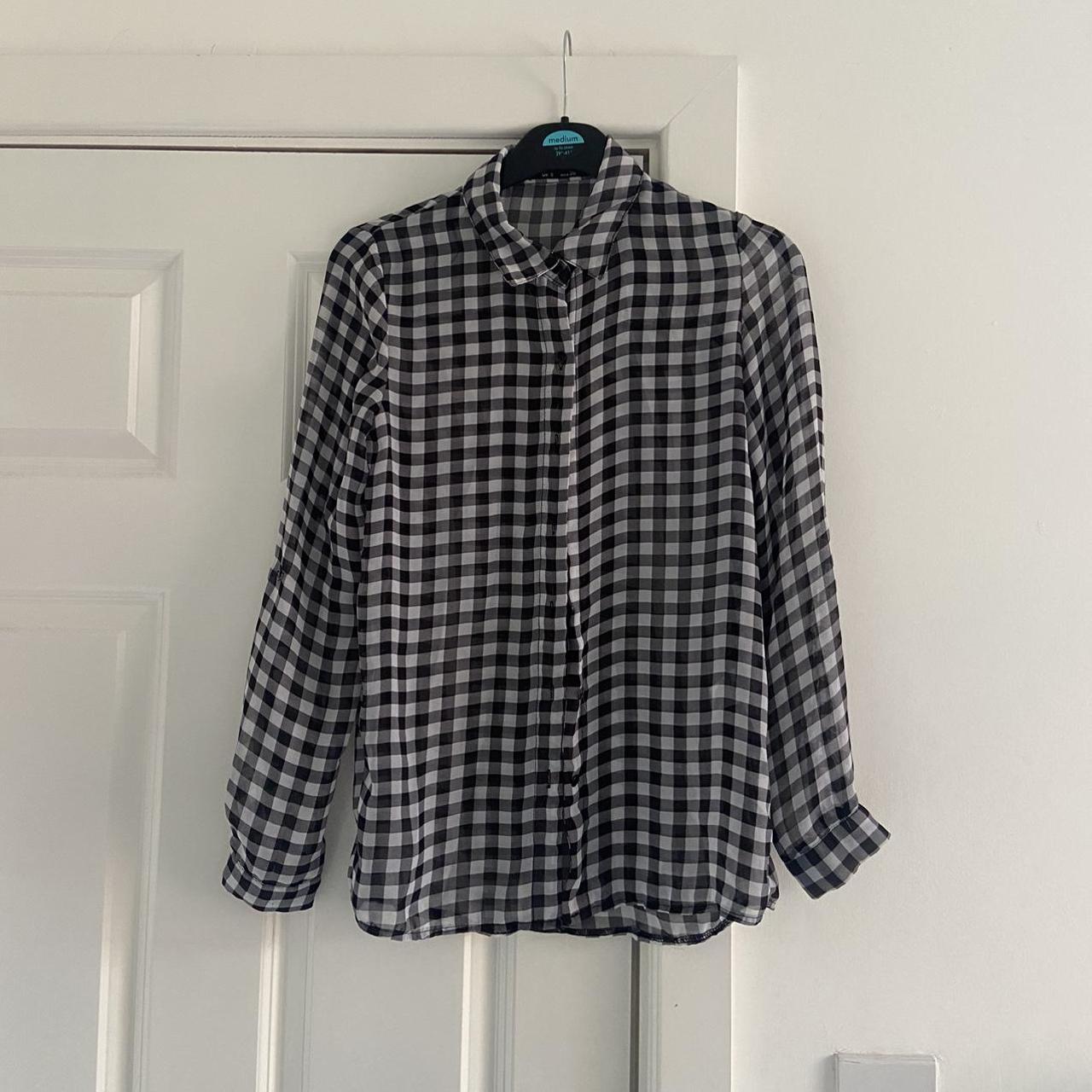 Black and white checkered sheer button up shirt from... - Depop