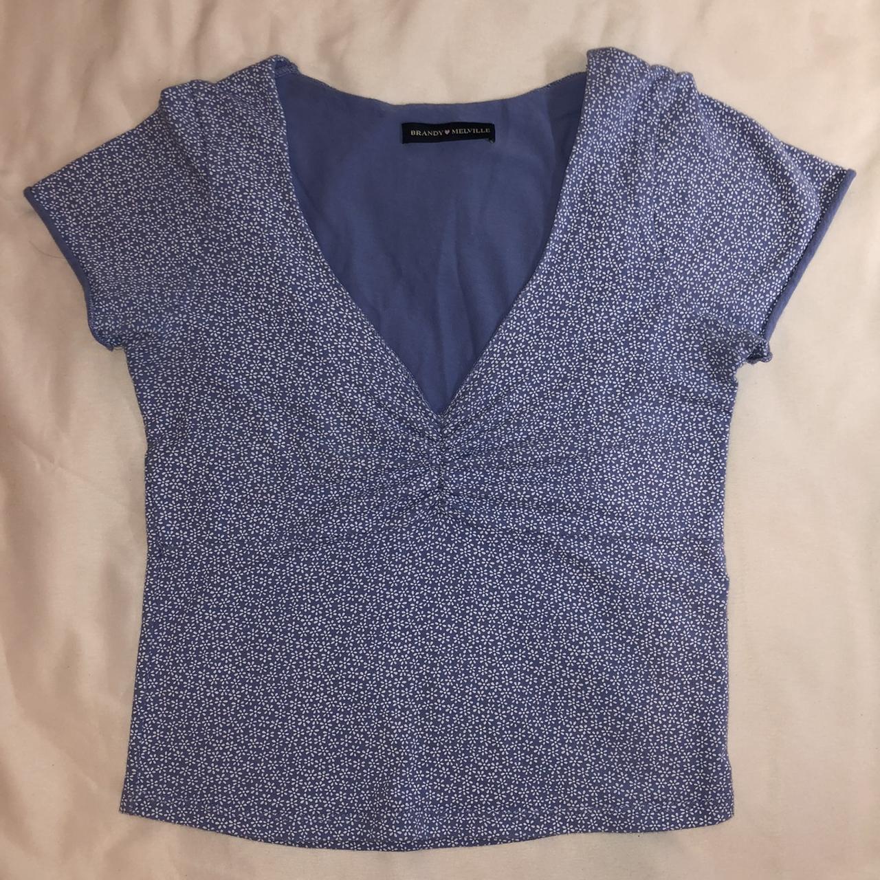 Brandy Melville Gina Light Blue Floral Short Sleeve V-Neck Top One Size