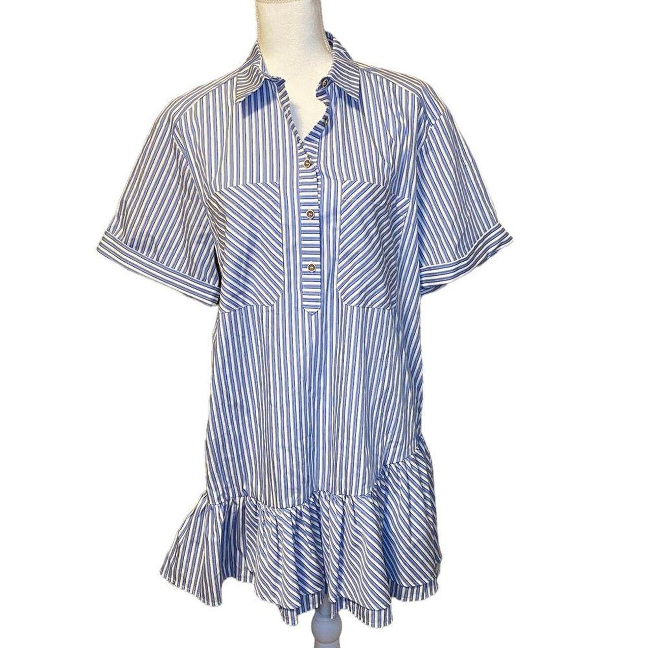 NWT Zara Blue and White Striped Ruffled Mini Dress... - Depop