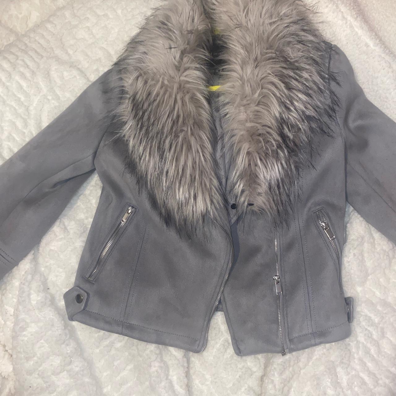 Grey suede fur trimmed jacket. Fur is removable Size... - Depop