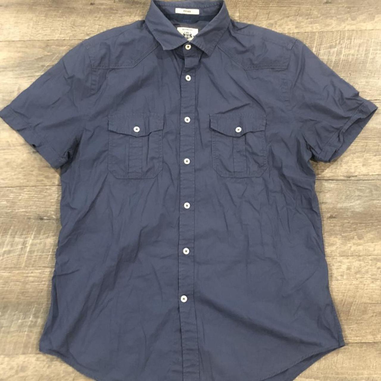 Express Blue Fitted Button Up Shirt Size Medium... - Depop