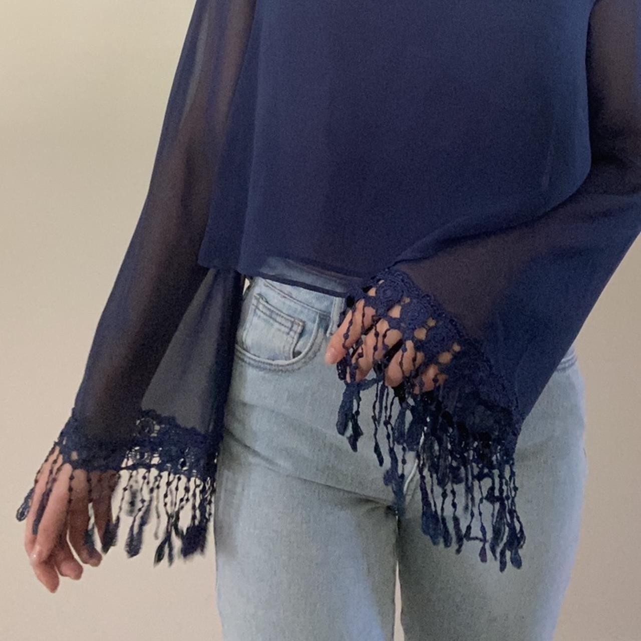 Navy flowy open back crop top with crotchet fringe... Depop