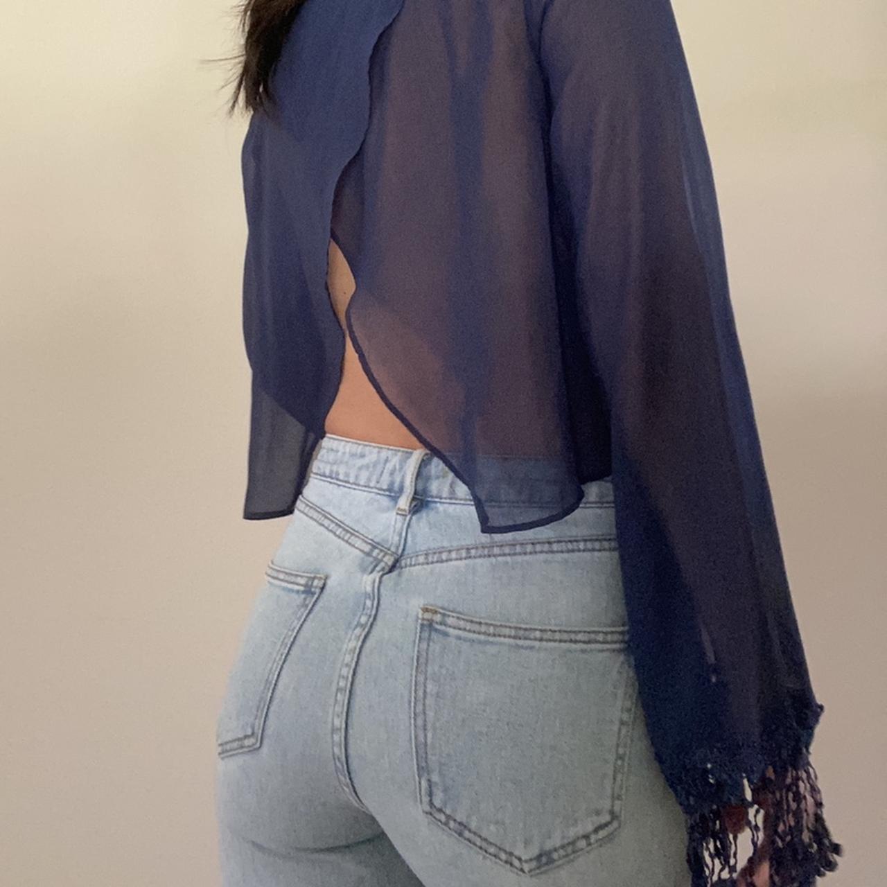 Navy flowy open back crop top with crotchet fringe... Depop
