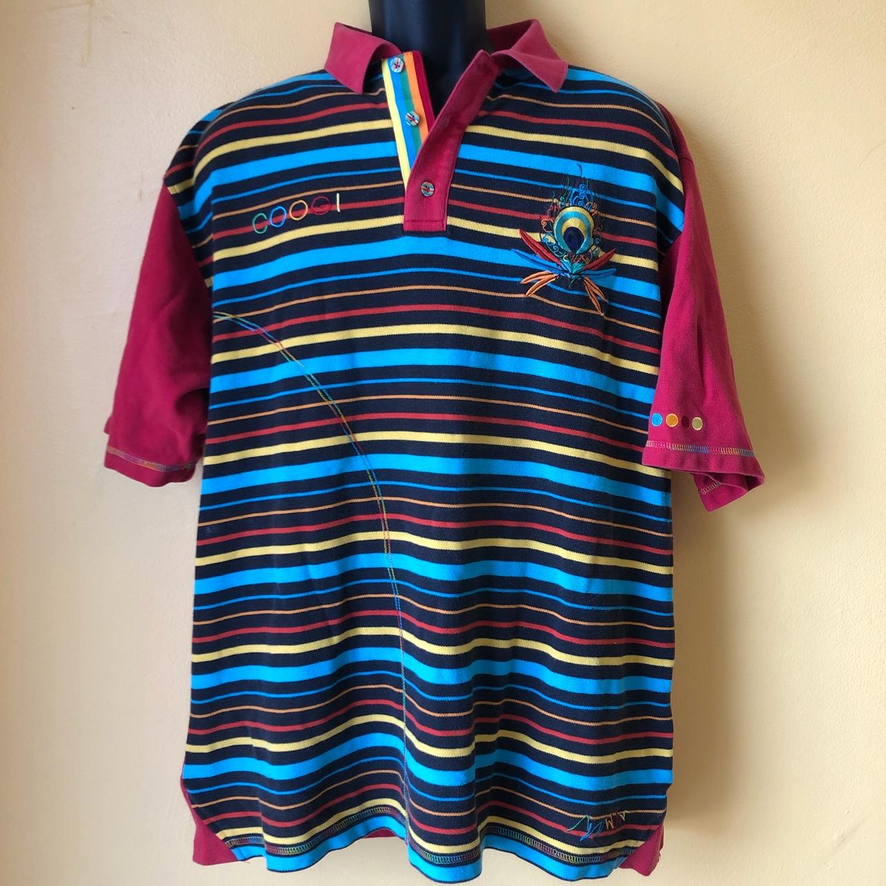 90s Coogi 3 button up red, orange, and blue stripped... - Depop