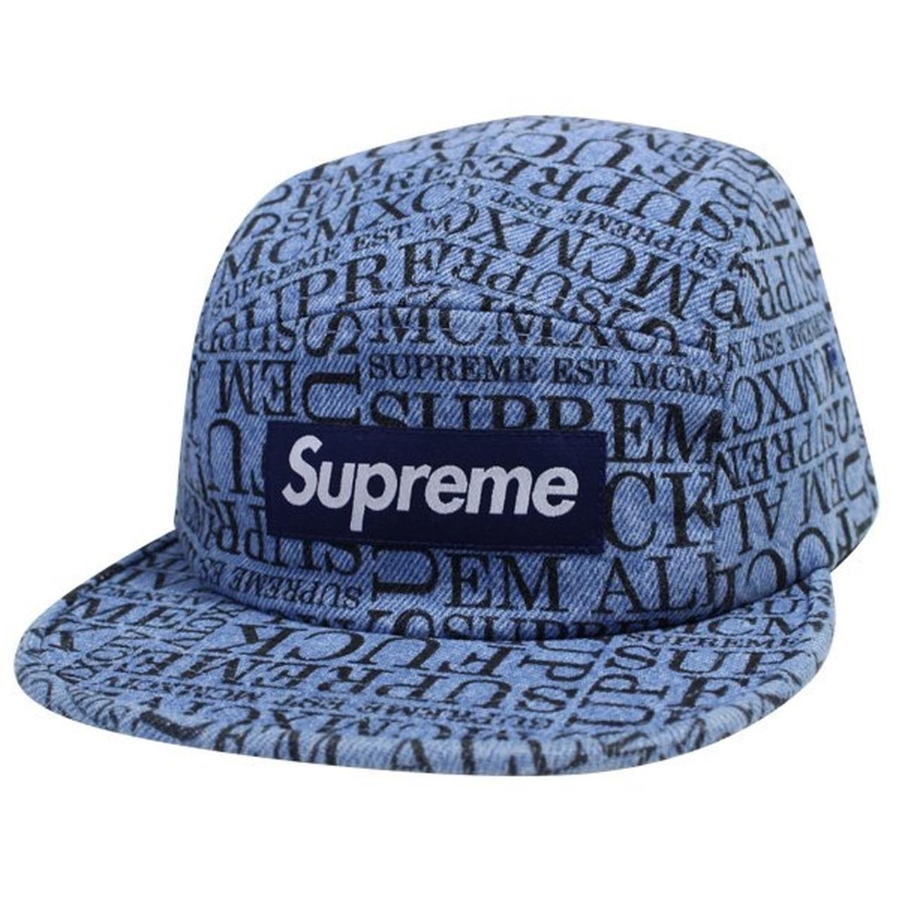 SUPREME FUCK 'EM ALL CAMP CAP Blue Denim with all... - Depop