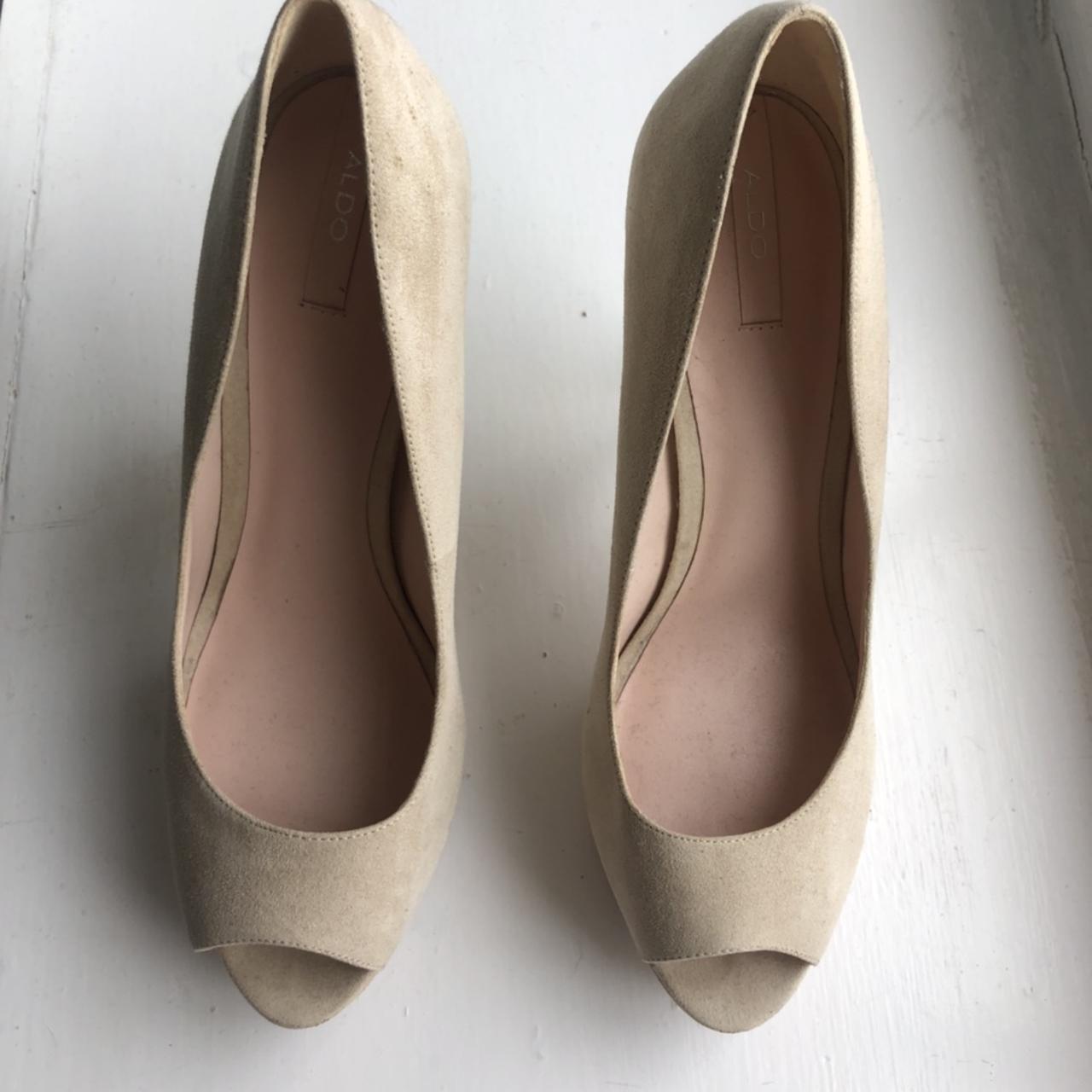 Super sexy beige high platform heels with peep toes... - Depop