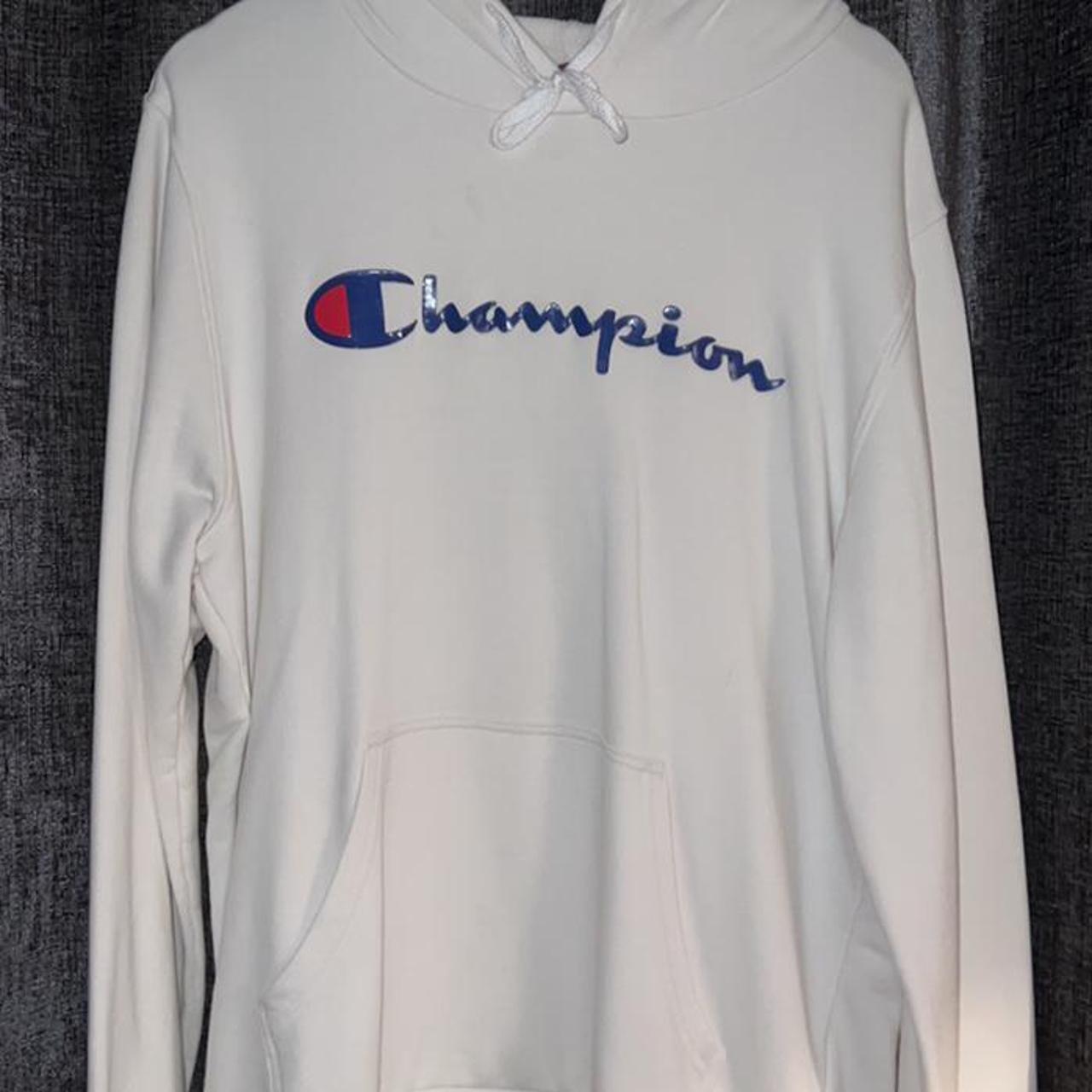 white champion hoodie worn but good condition will... - Depop