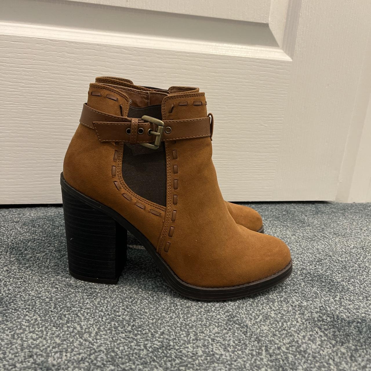 Brown heeled suede buckle ankle boots from new look.... - Depop