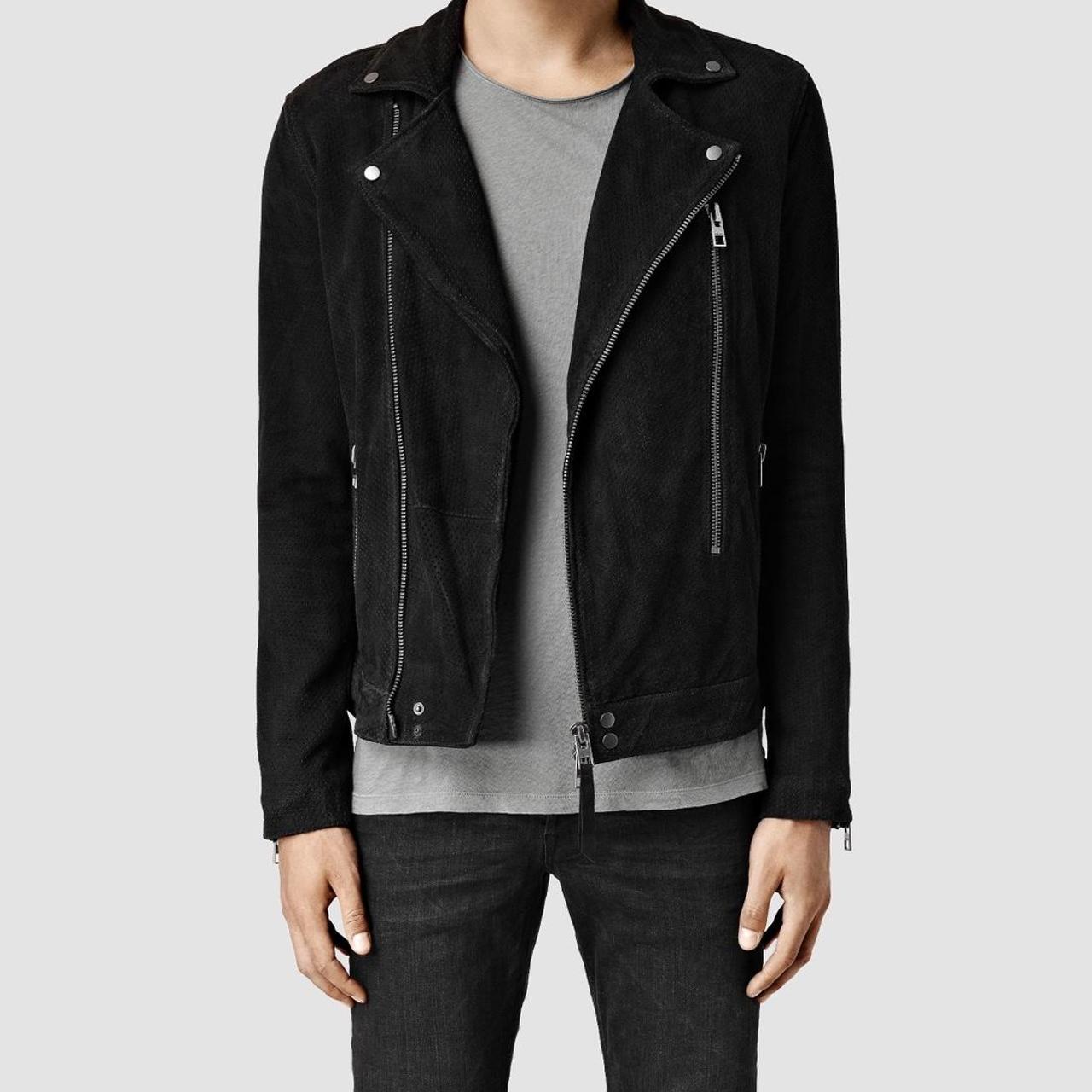 AllSaints Mens Black Suede Leather Jacket - Medium -... - Depop