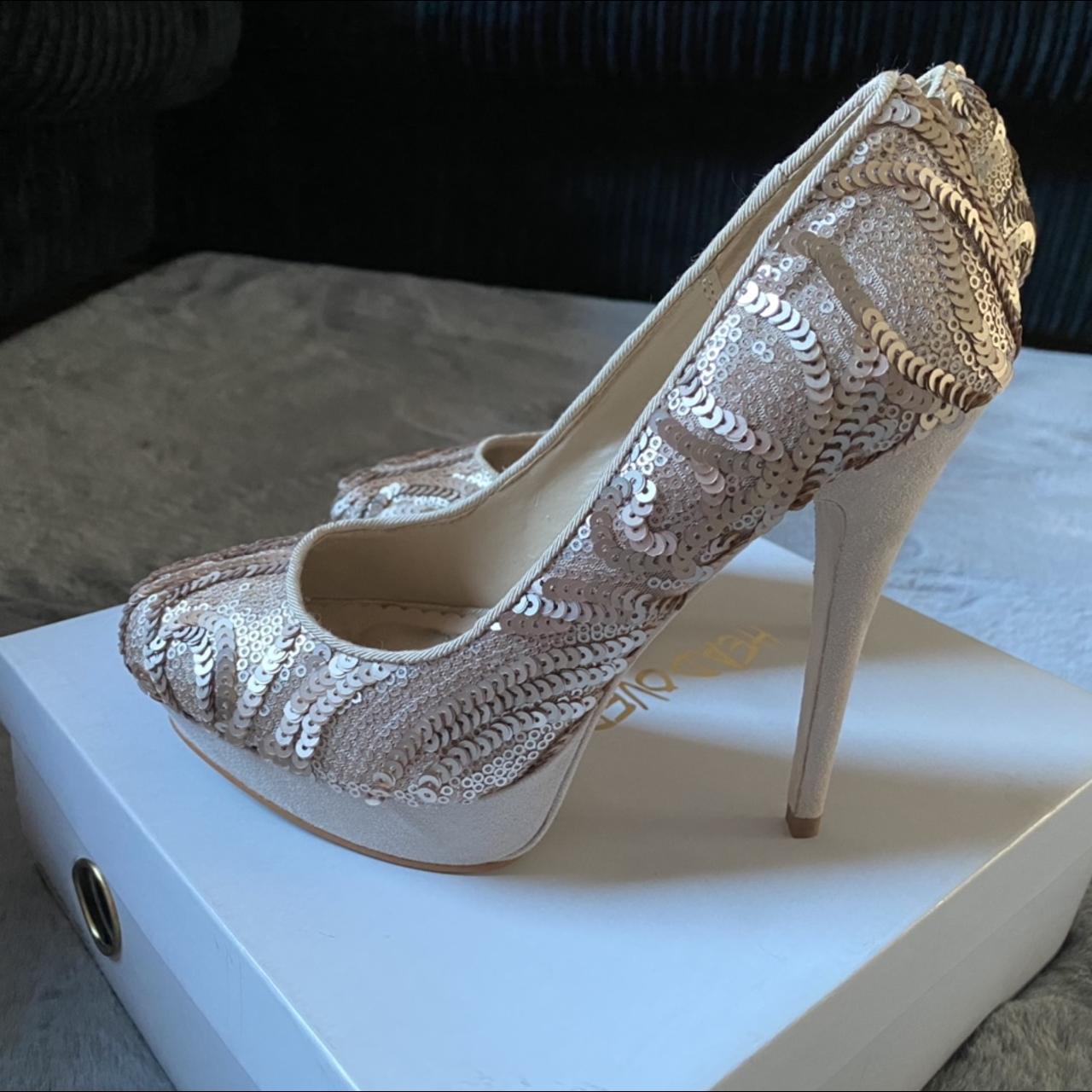 Dune Head Over Heels Brodie nude sequin platform