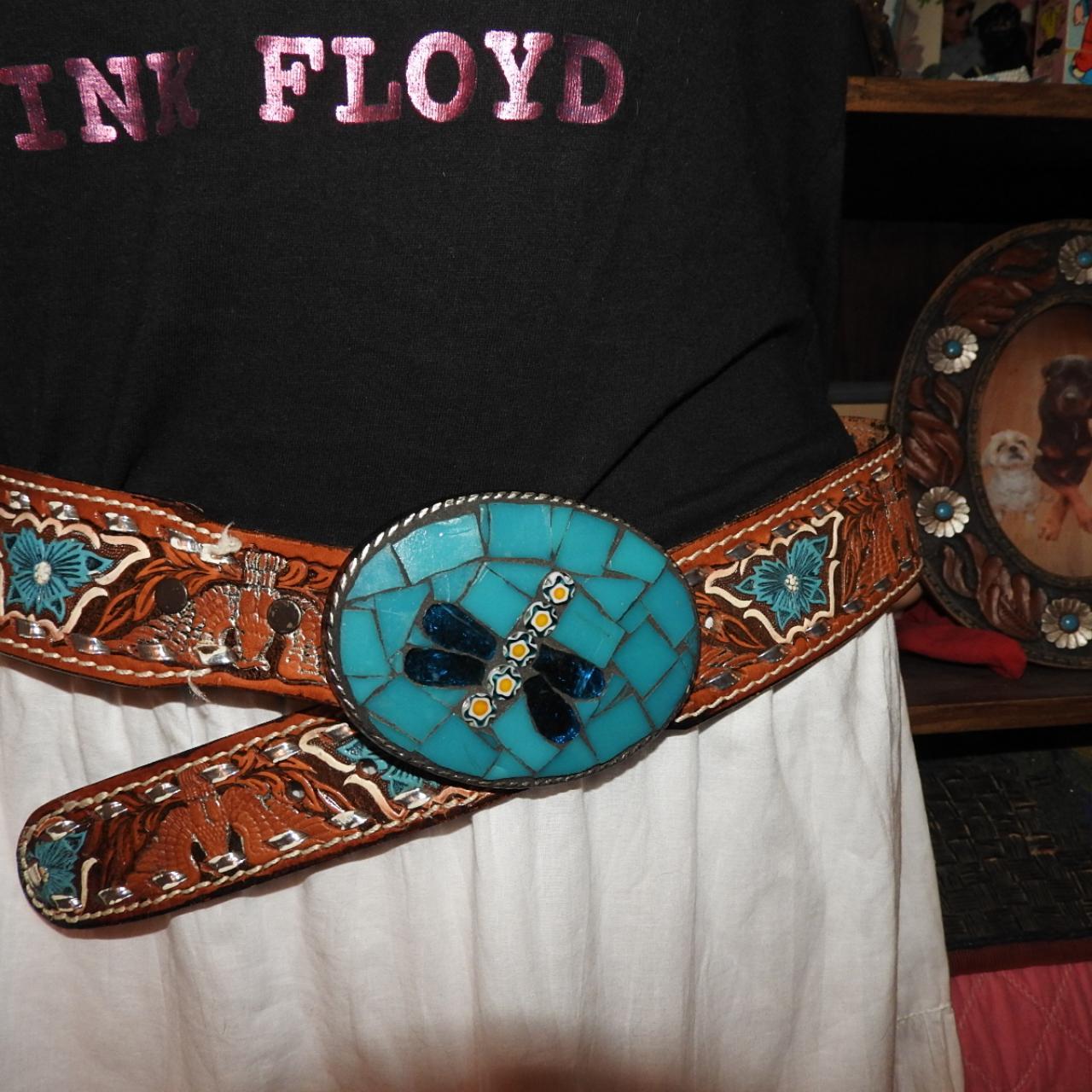 VINTAGE 70s/80s Tooled Painted Leather Belt with...