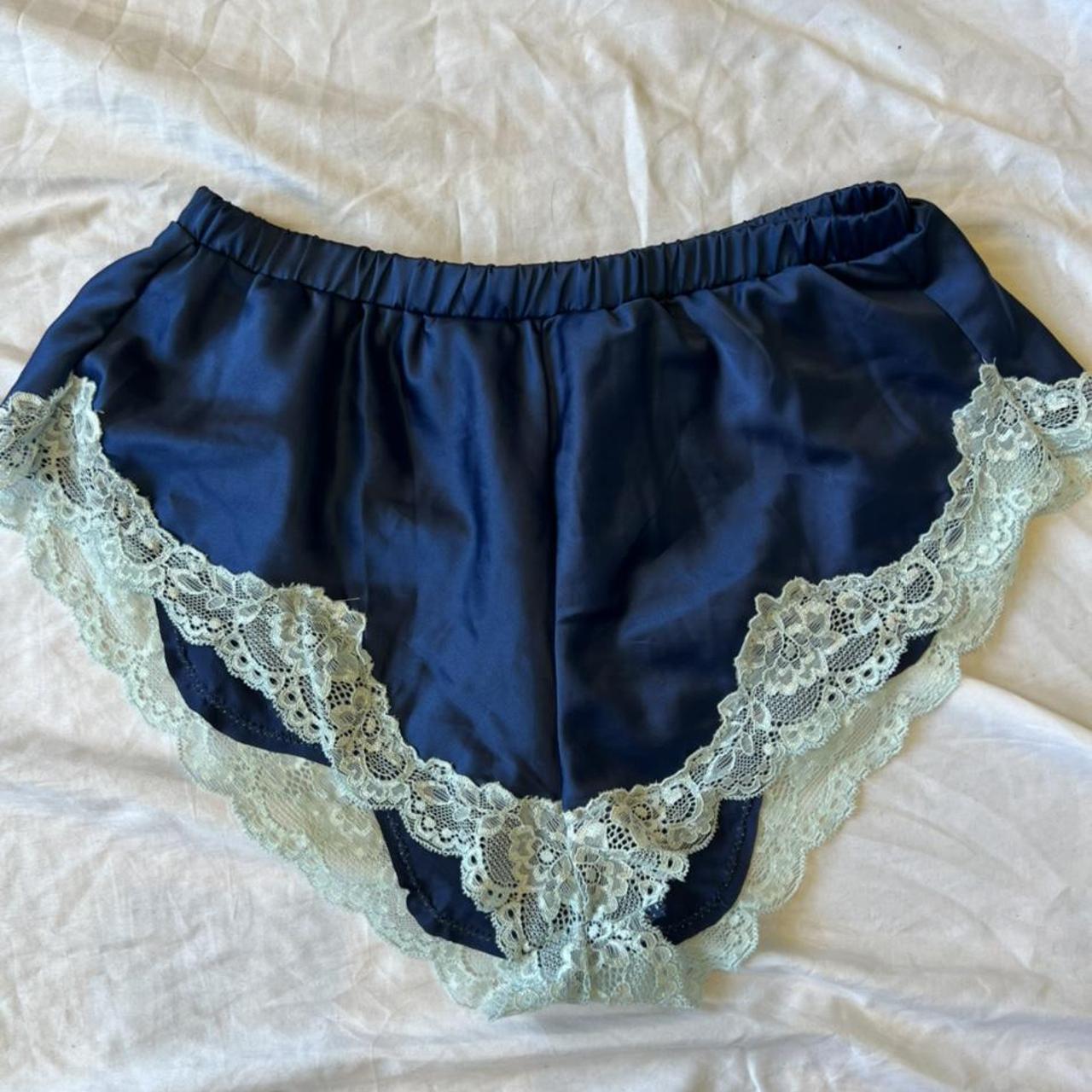Blue satin shorts with lace trimming Super comfy to... - Depop