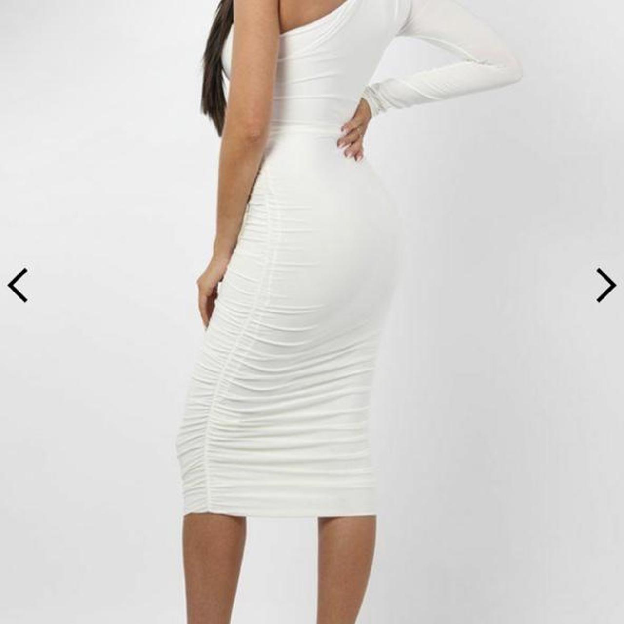 white one shoulder ruched slinky midi dress