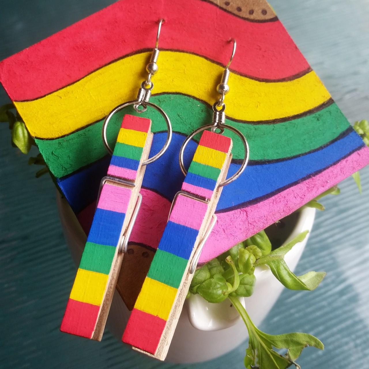 handpainted rainbow clothespin earrings made by... Depop