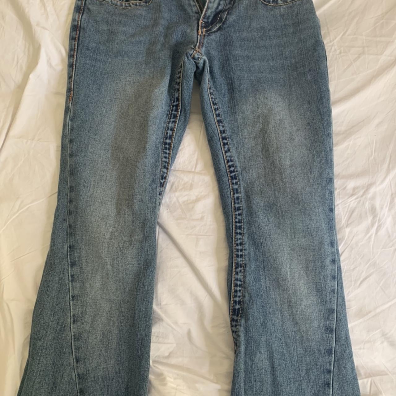 Vintage flared true religion jeans with colourful... - Depop