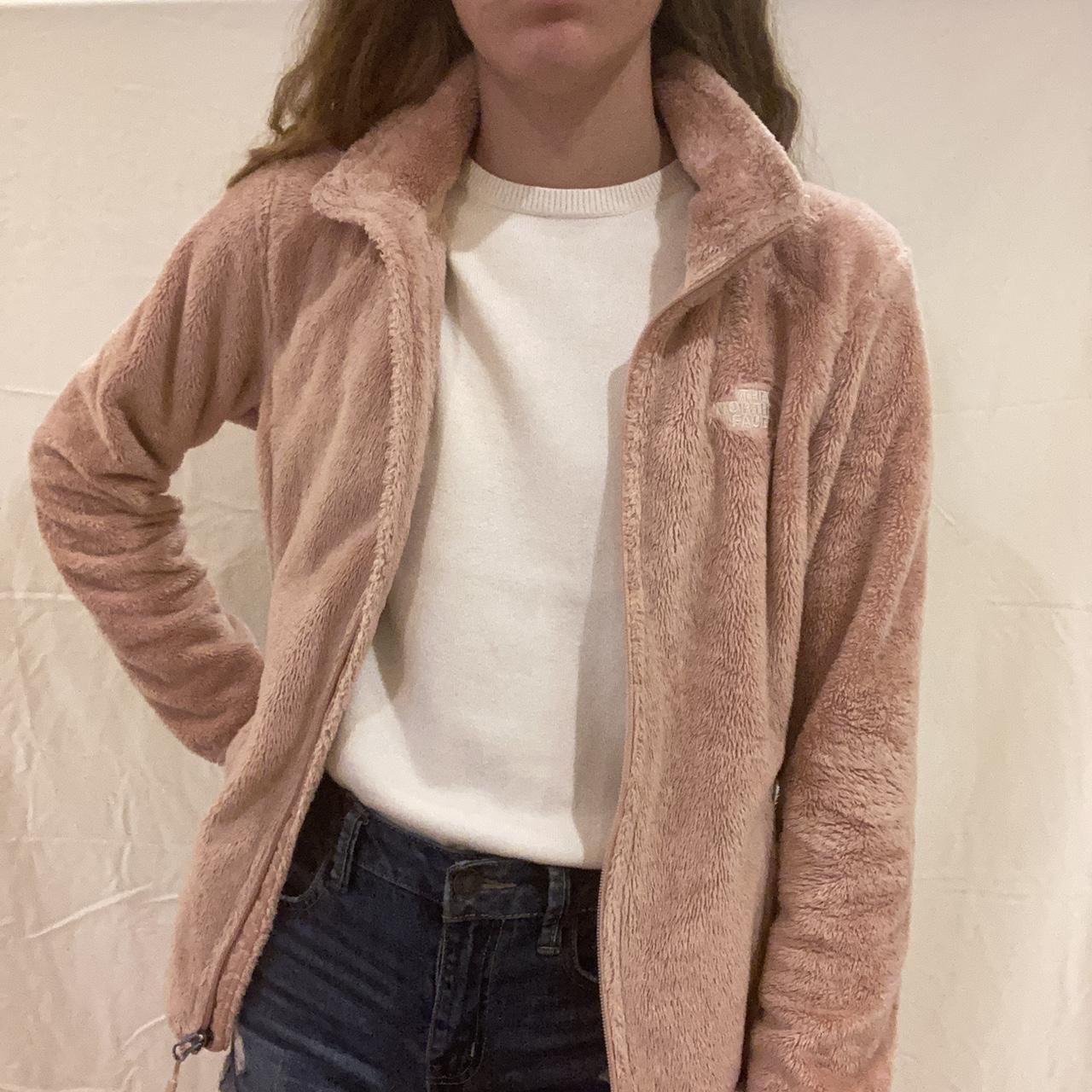 pink fuzzy north face jacket