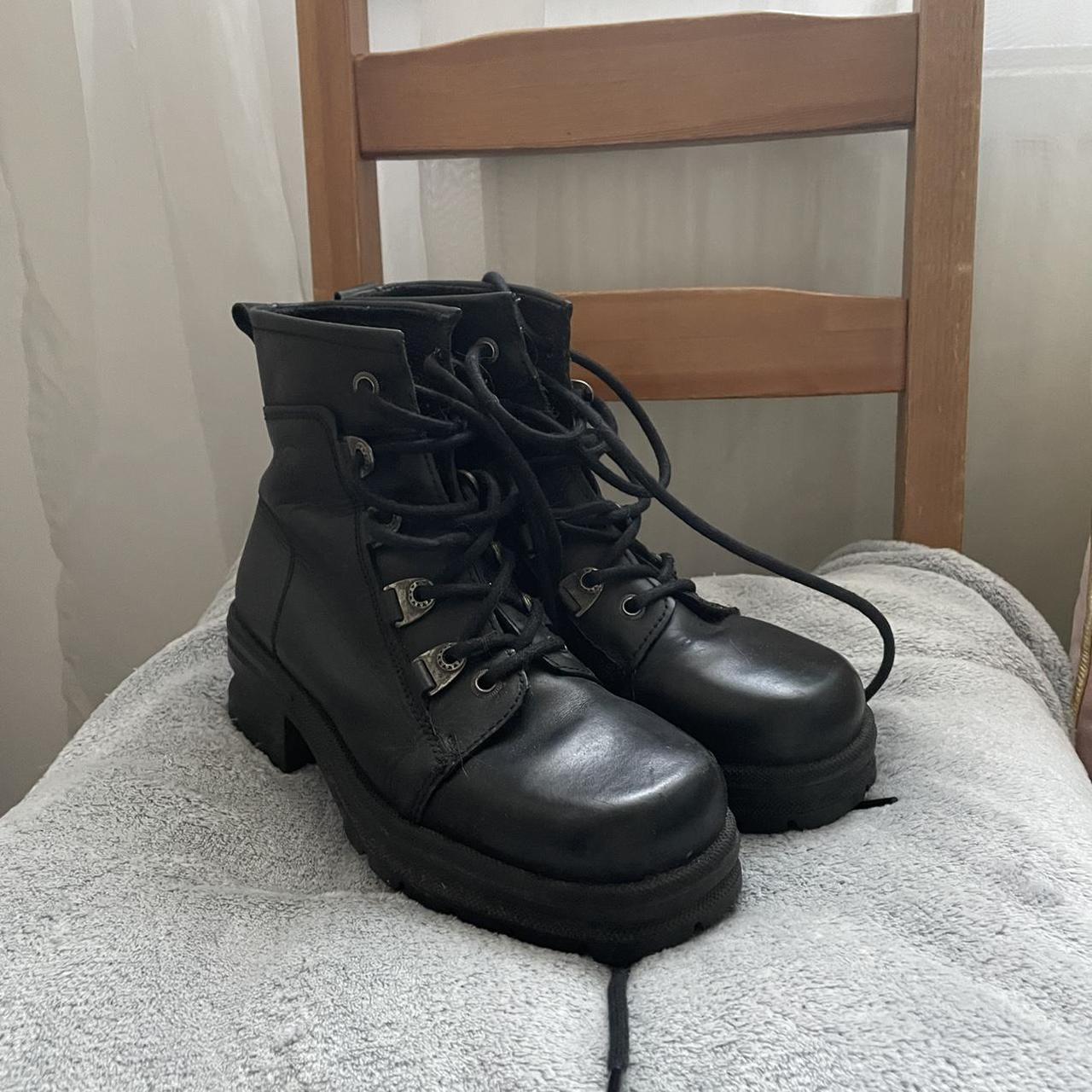 90s vintage black square toe platform combat boots... - Depop