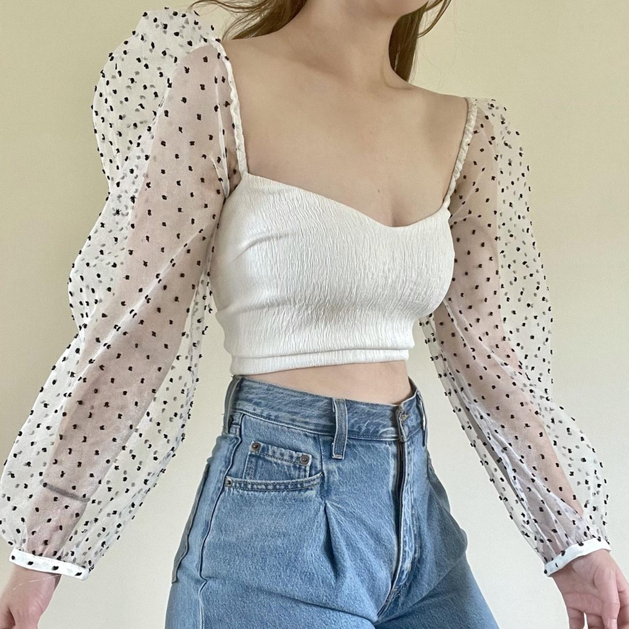 Zara Dotted Mesh Polka Dot top Colour: Ecru SOLD Depop