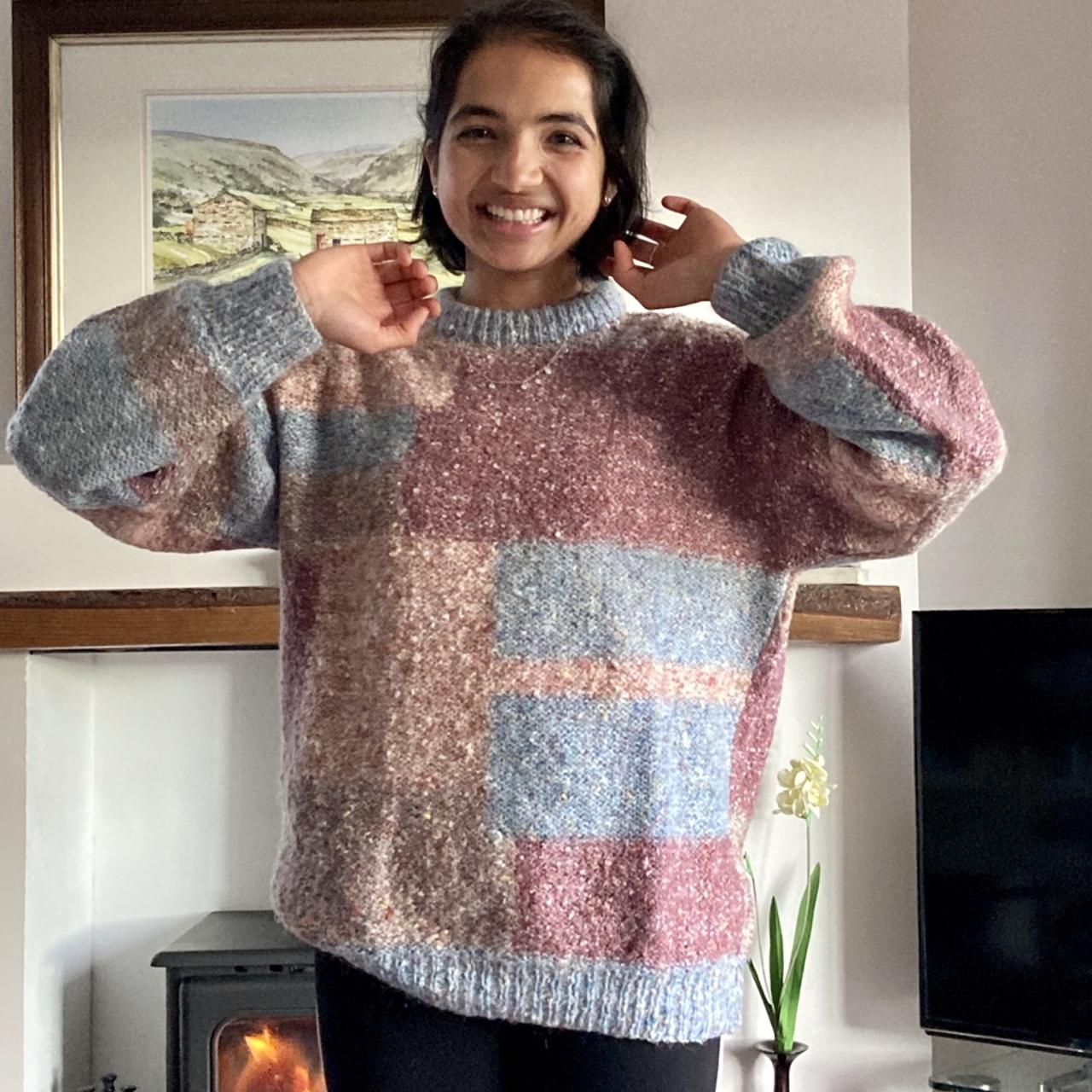 Random colour wool effect hand knitted retro jumper.... - Depop