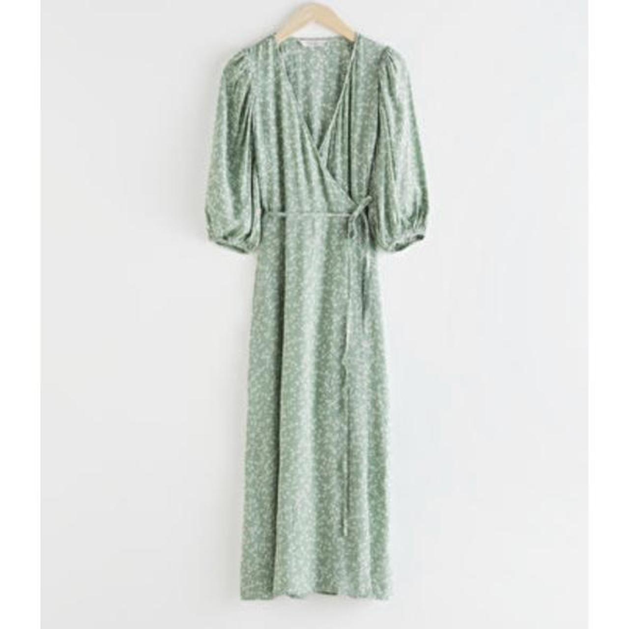 Crepe midi green floral length wrap style dress with... - Depop