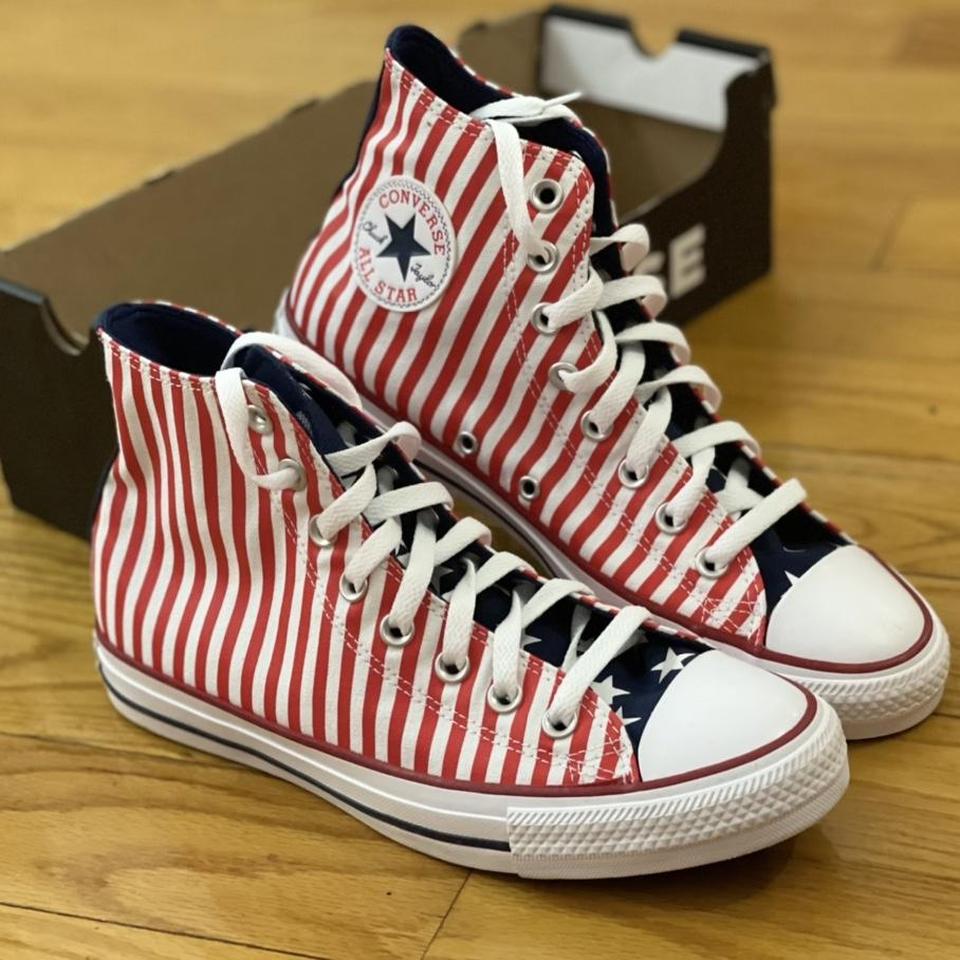 Red white and blue converse high best sale tops