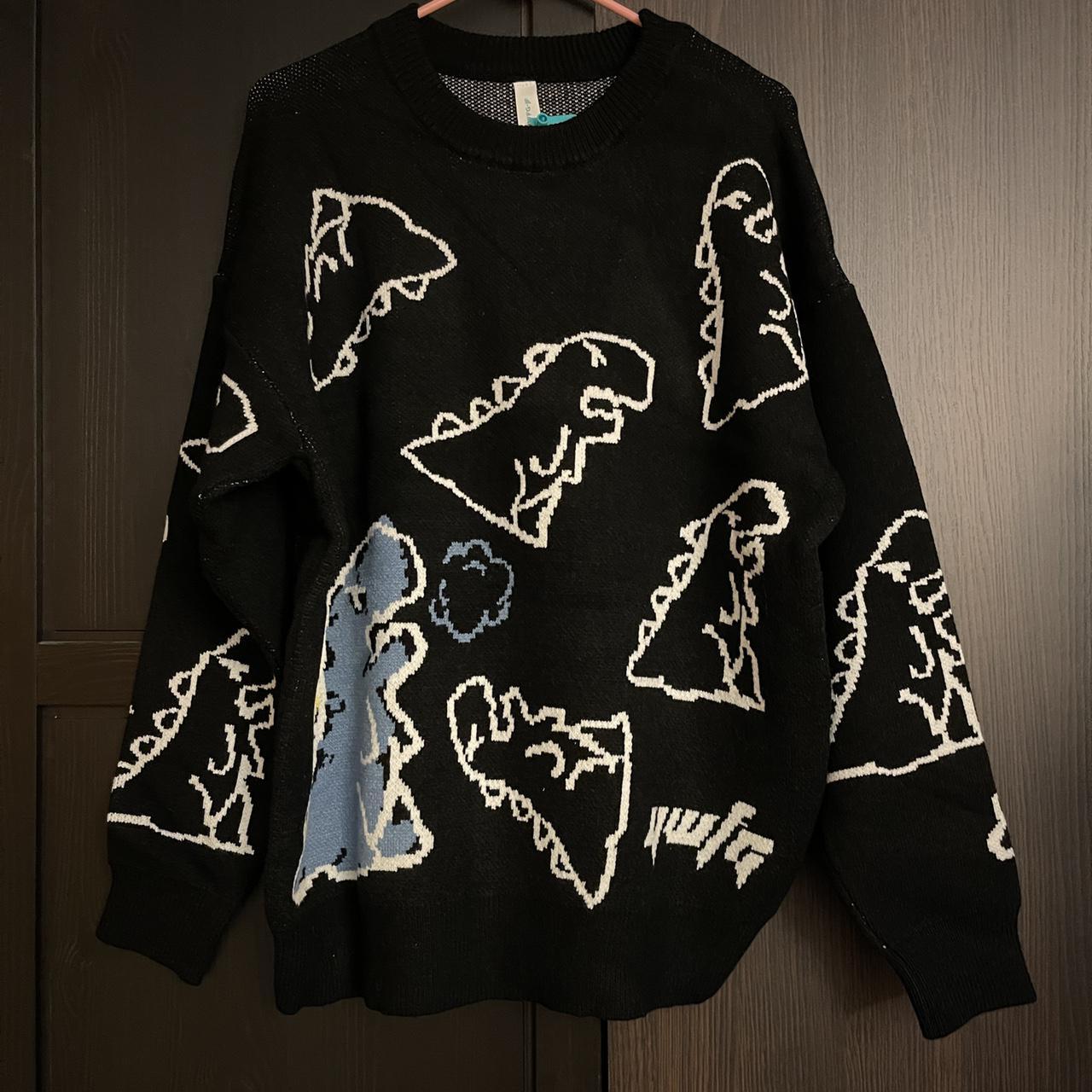 cute fun dinosaur black crewneck sweater pullover... - Depop