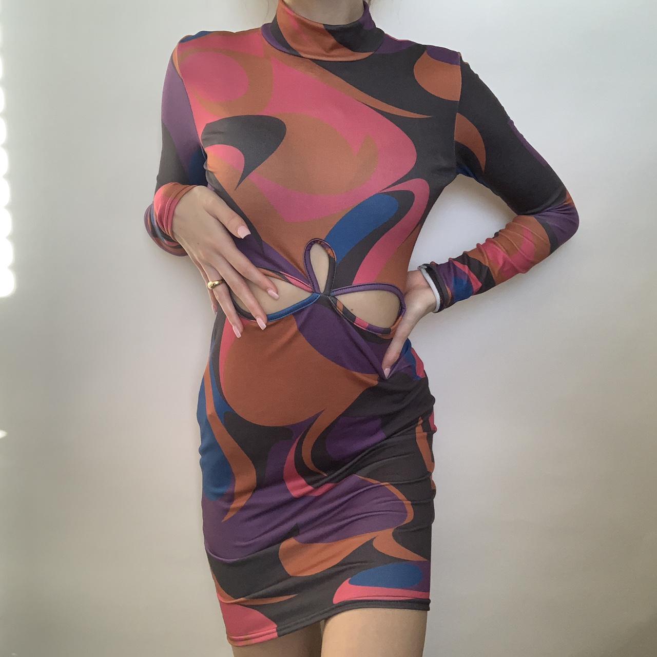 Purple pink abstract long sleeve cut out mini dress... Depop