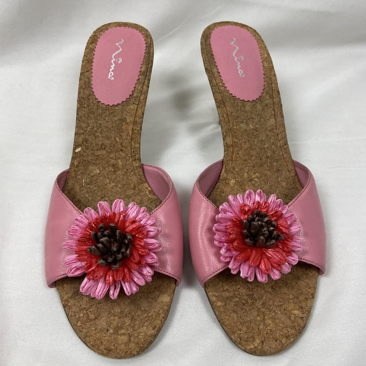 Pink cork kitten heel sandals with textured flowers... Depop