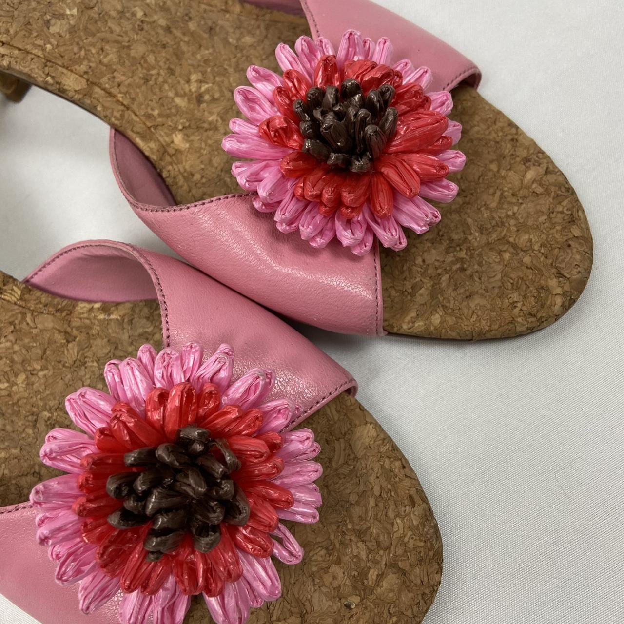 Pink cork kitten heel sandals with textured flowers... - Depop