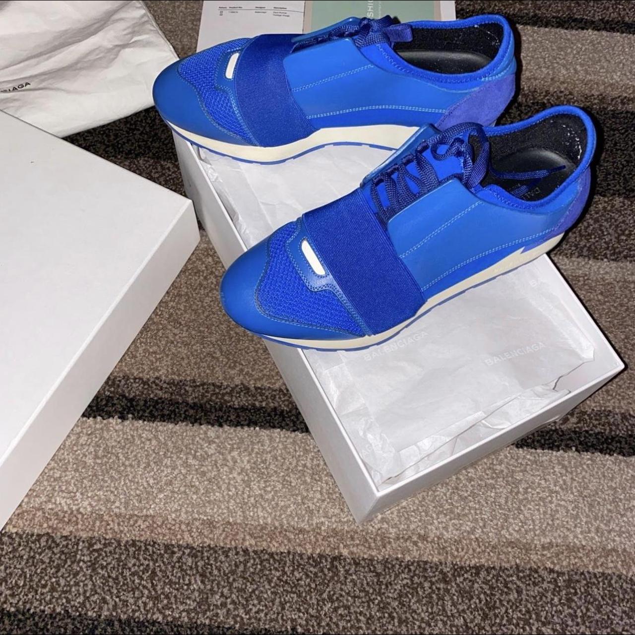 Balenciaga Men's Blue and White Trainers Depop