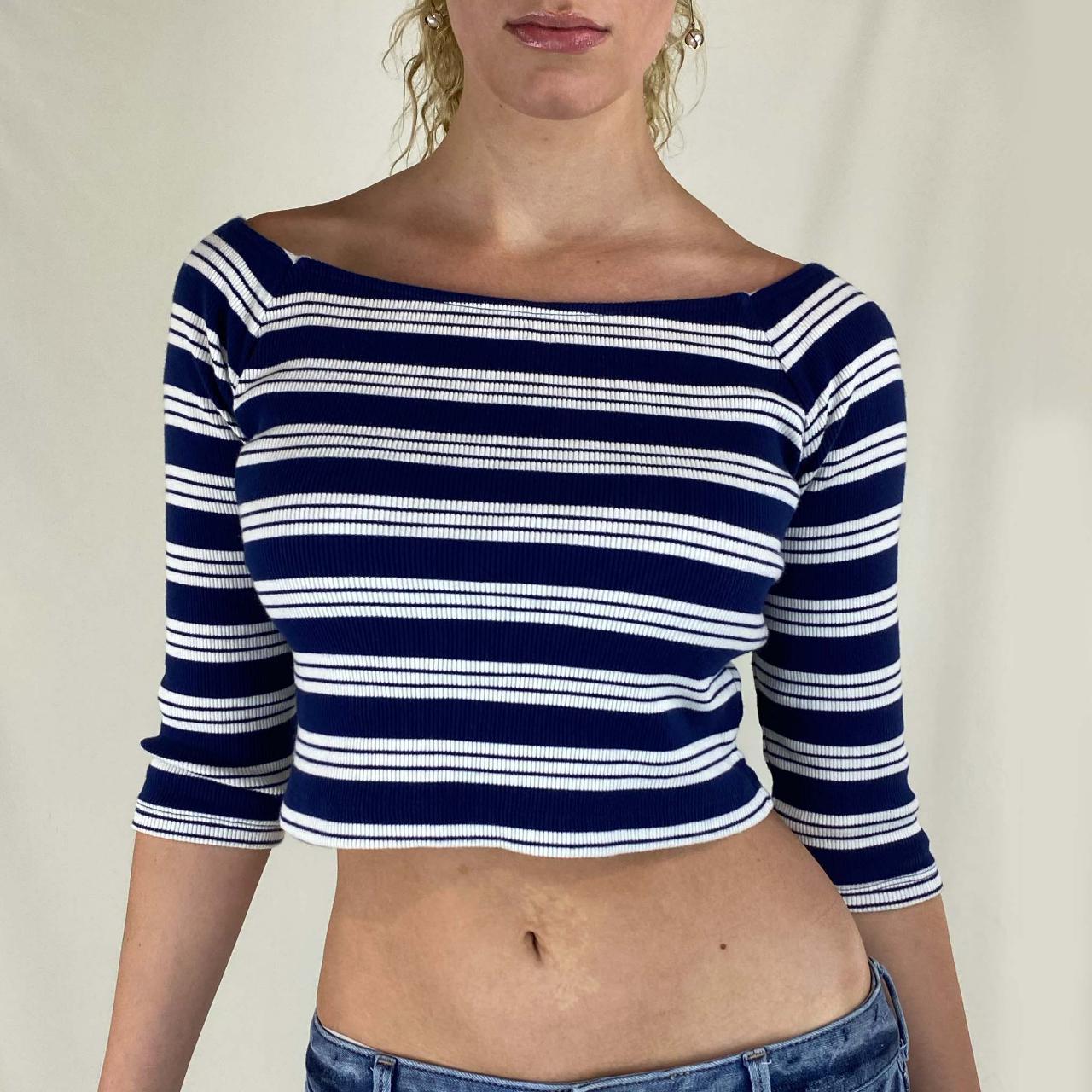 Striped Three-Quarter Sleeve Crop Top