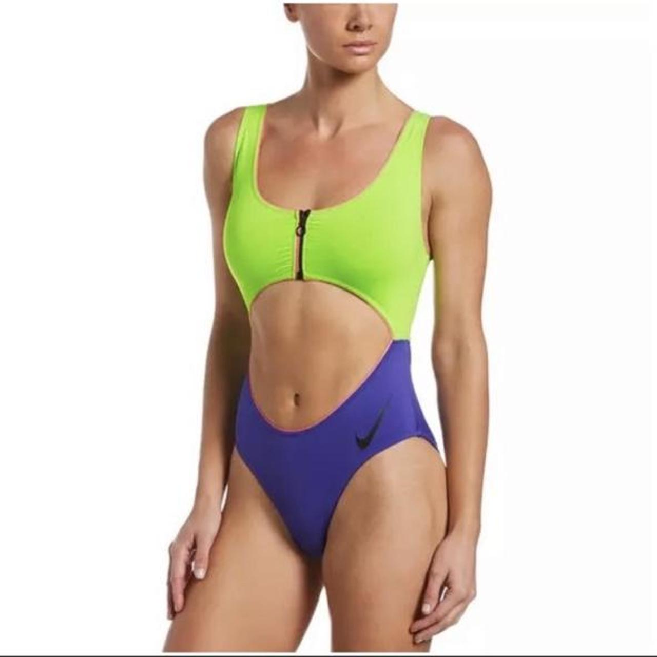 Nike Women S Green And Purple Swimsuit One Piece Depop