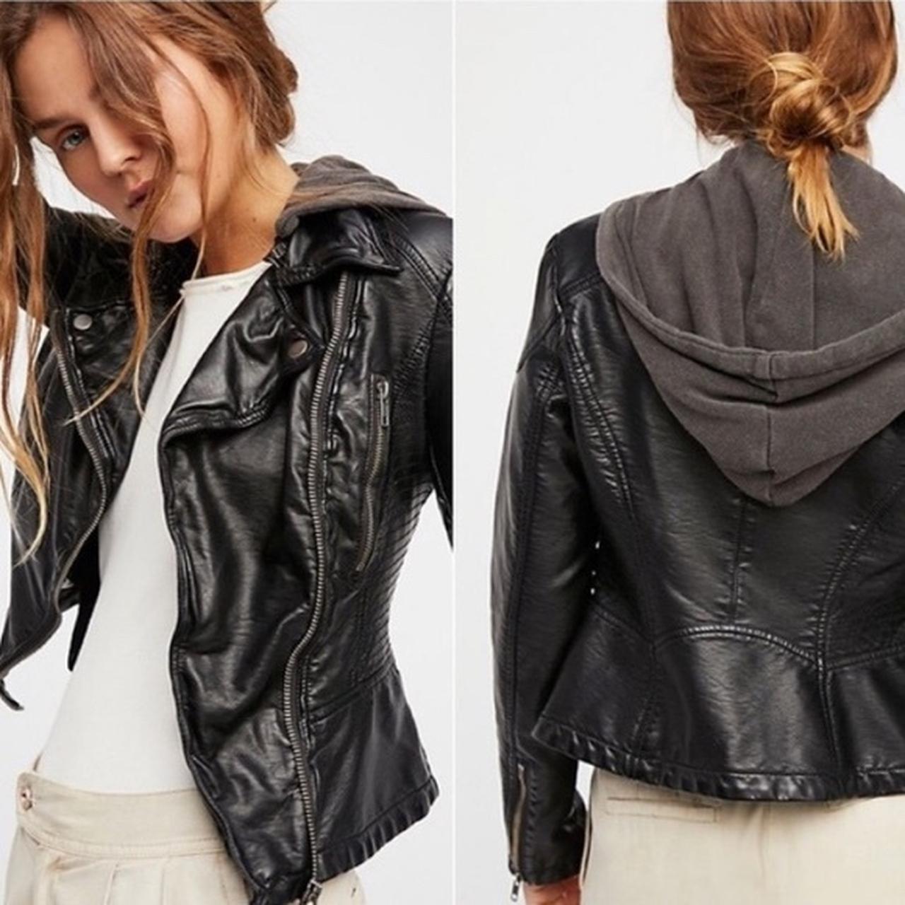 Free people faux outlet leather jacket with hood