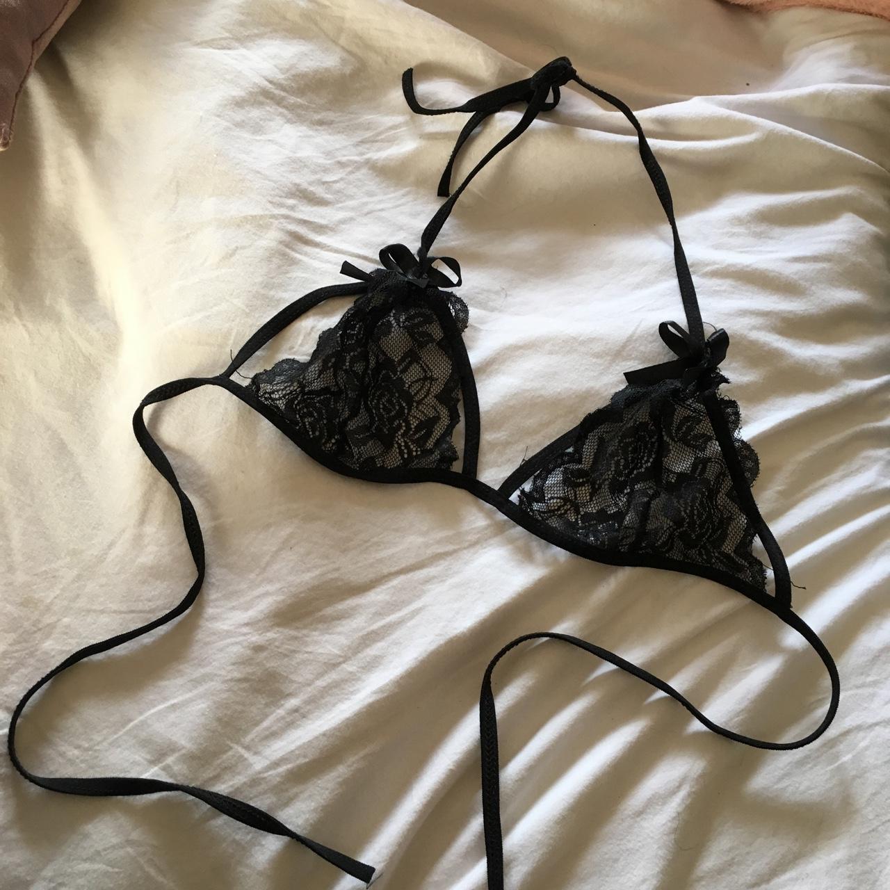 Gorgeous black lace mesh bra with ties looks lovely... - Depop