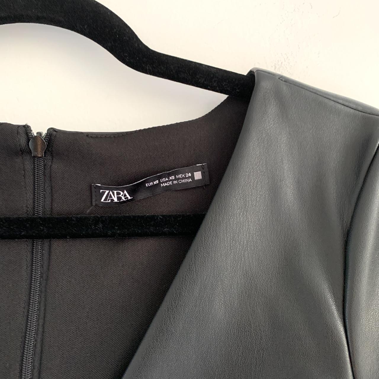 Zara Black Ruched Faux Leather V-neck Short Sleeve... - Depop