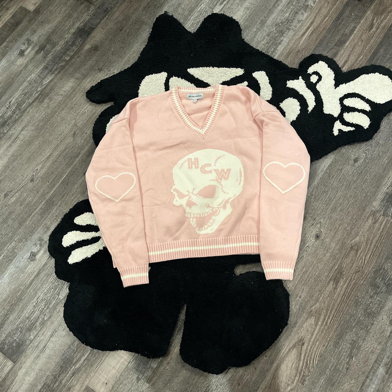 Heaven Can Wait pink skull bone heart knit sweater v... - Depop