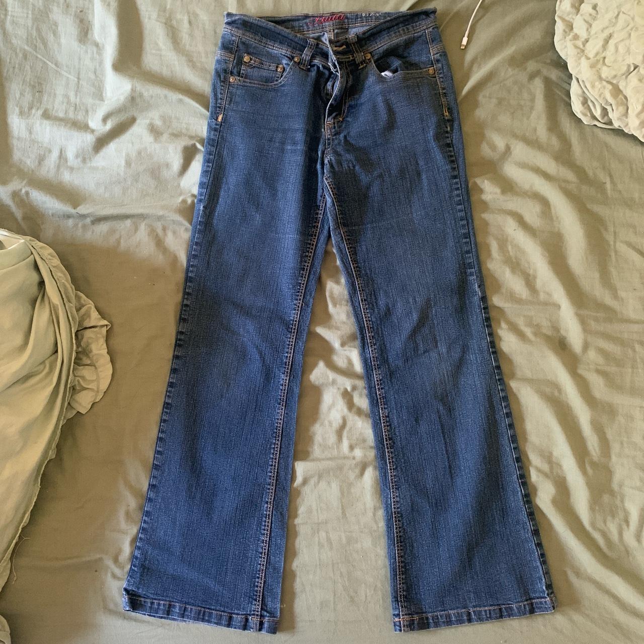 low rise flare jeans embroidered pockets hula... - Depop