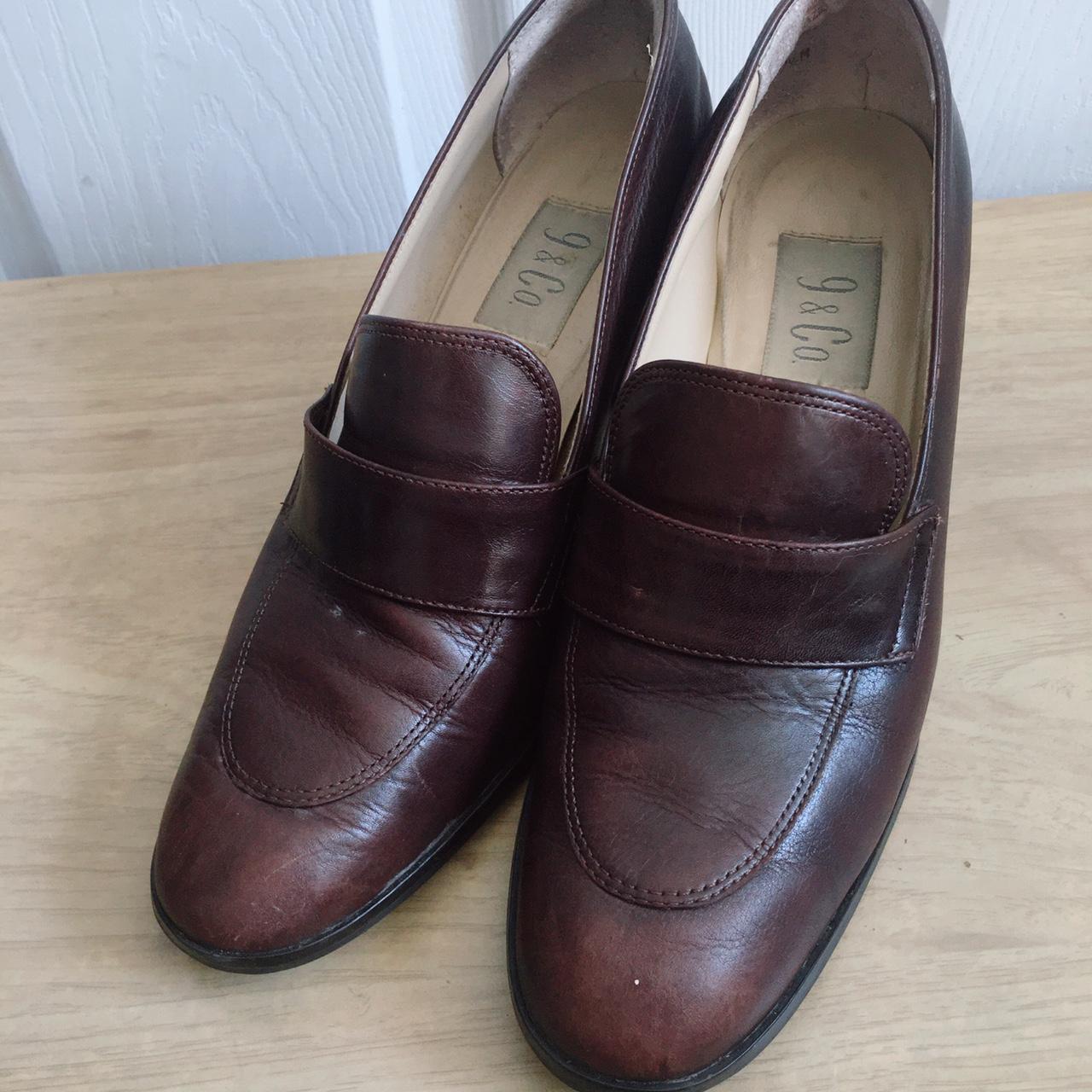 Leather brown block heel loafers , size 7.5 Heels... - Depop